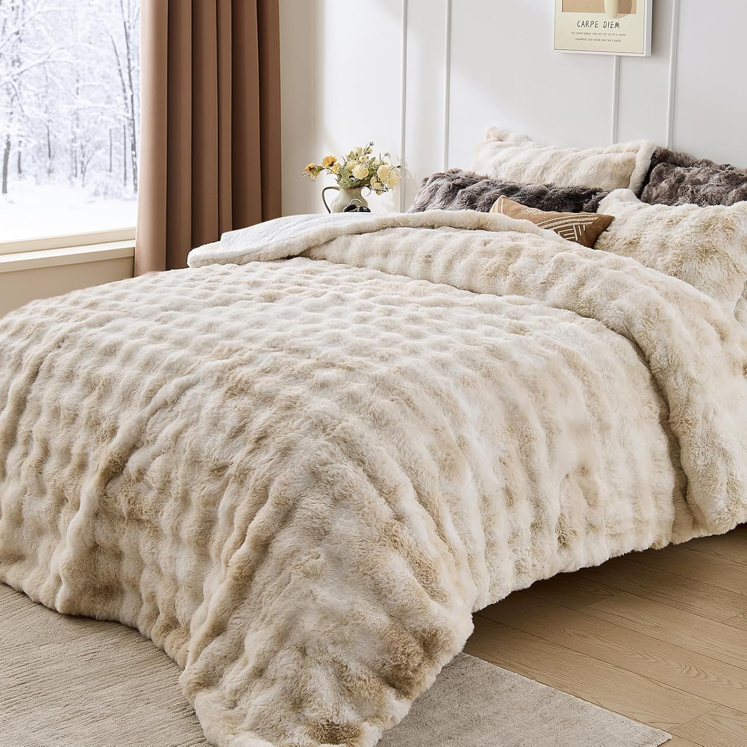 Peace nest Fluffy Rabbit Faux Fur Bedding Queen Comforter Set Ultra Soft Plush Winter Tie-Dye Bubble Sherpa Reversible Comforters 3 Pieces Sets with 1 Comforter 2 Pillow Shams Brown - Image 2