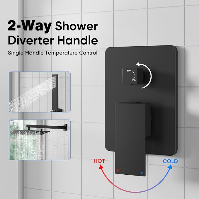 Juego de grifería para ducha ESNBIA Negro Mate, sistema de ducha lluvia de 12 pulgadas con cabezal lluvia y juego de manijas, accesorios para ducha totalmente metálicos con válvula equilibradora de presión miniatura 7