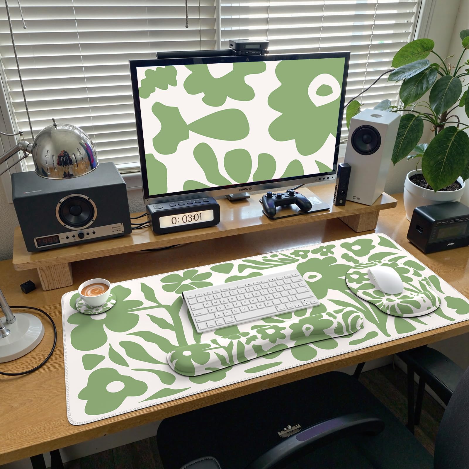 iCasso Tapis de Bureau 4 en 1 à Motif Floral avec Repose-Poignet, Tapis de Souris Ergonomique antidérapant XXL pour Ordinateur Grand Ordinateur avec Support de Poignet pour Clavier et Souris (Vert)