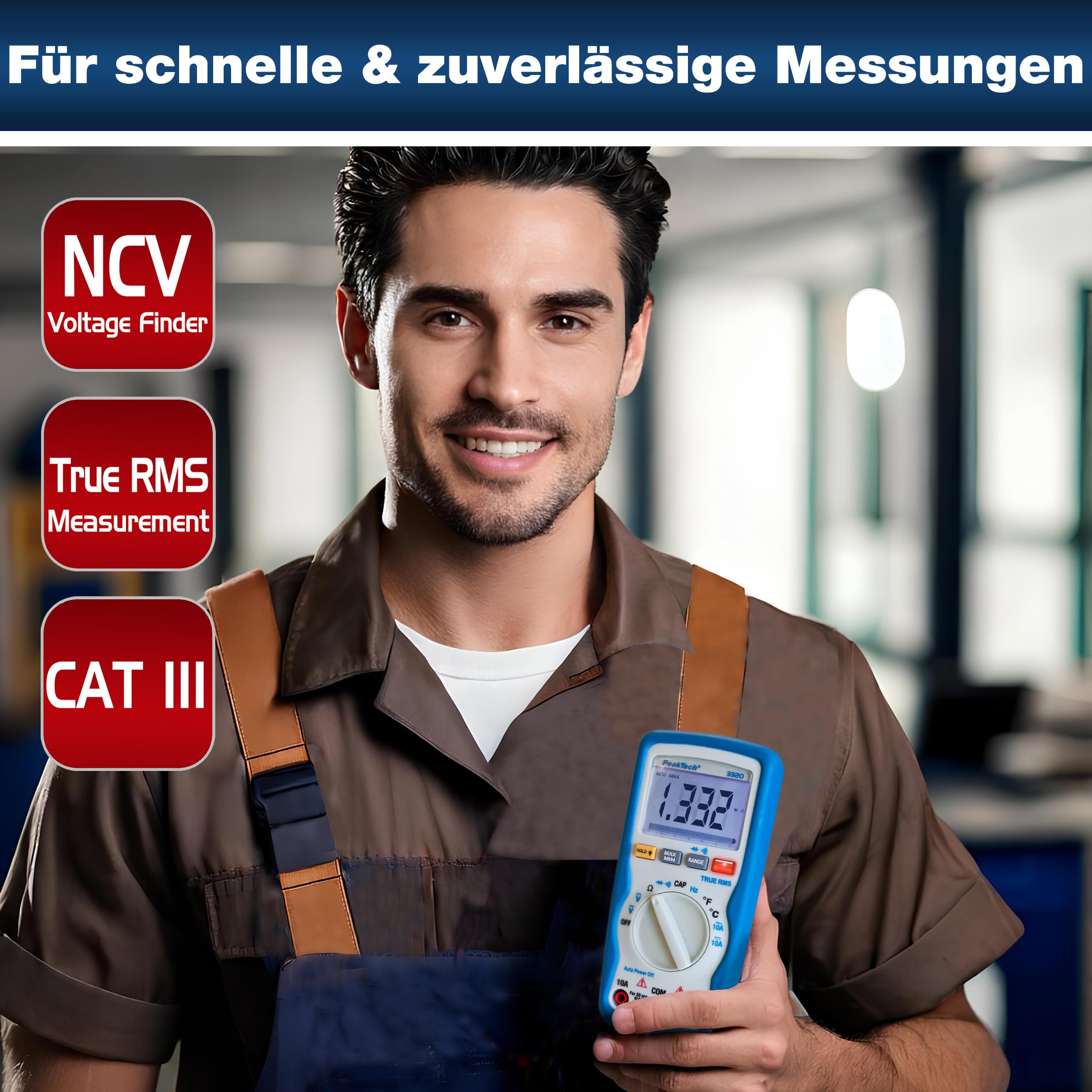 PeakTech P 3320 Digitales Multimeter mit TrueRMS, 10 A AC/DC, 6.000 Zähler, tragbares Multimeter, Voltmeter, Autorange, Durchgangsprüfer, Stromversorgung, Datenspeicher, LCD-Display - CAT III 600 V