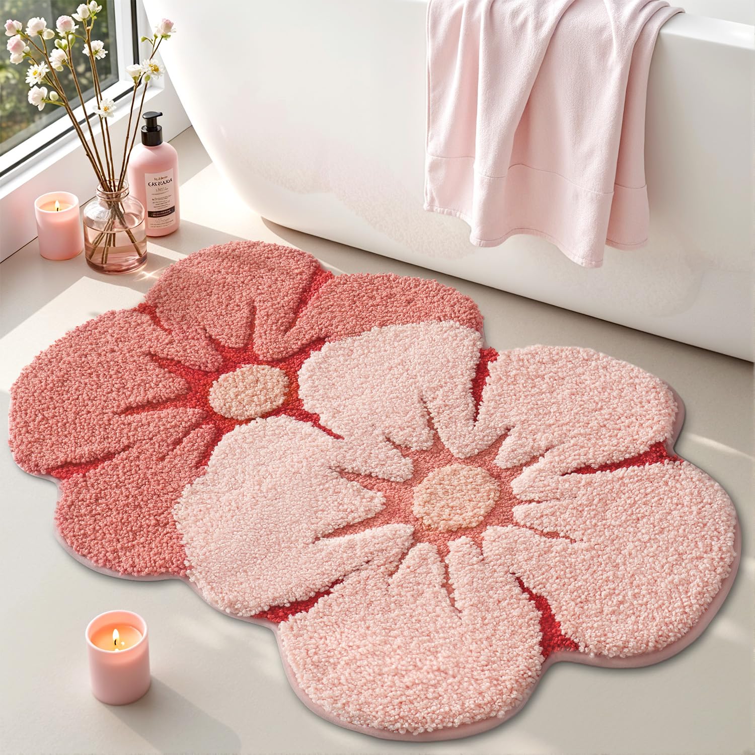 LUMI Flower Bath Rug, Funny Floral Bath Mat, Soft Plush Fluffy Red Rug, Absorbent, Non-Slip for Bathroom, Kitchen Sink, Bedroom, Kid's Bedroom, and Living Room, 20"x32", Bliss Pink