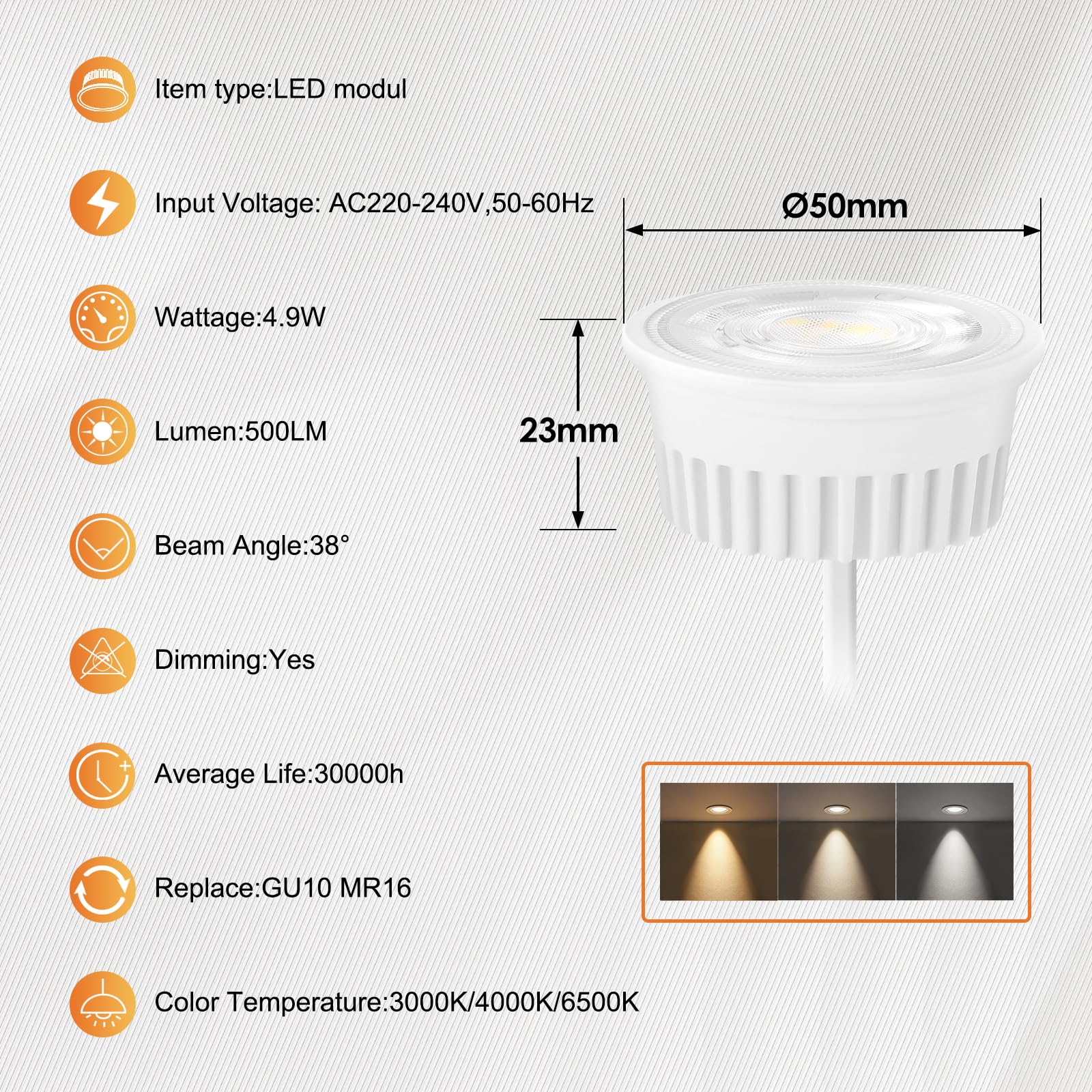 KYOTECH Lot de 10 module LED 4.9W ø50x23mm 3CCT Blanc chaud Blanc naturel Blanc froid Dimmable 38°Remplace Lampe GU10 MR16 pour luminaires encastrés Spots de plafond Spots encastrés Plafonniers