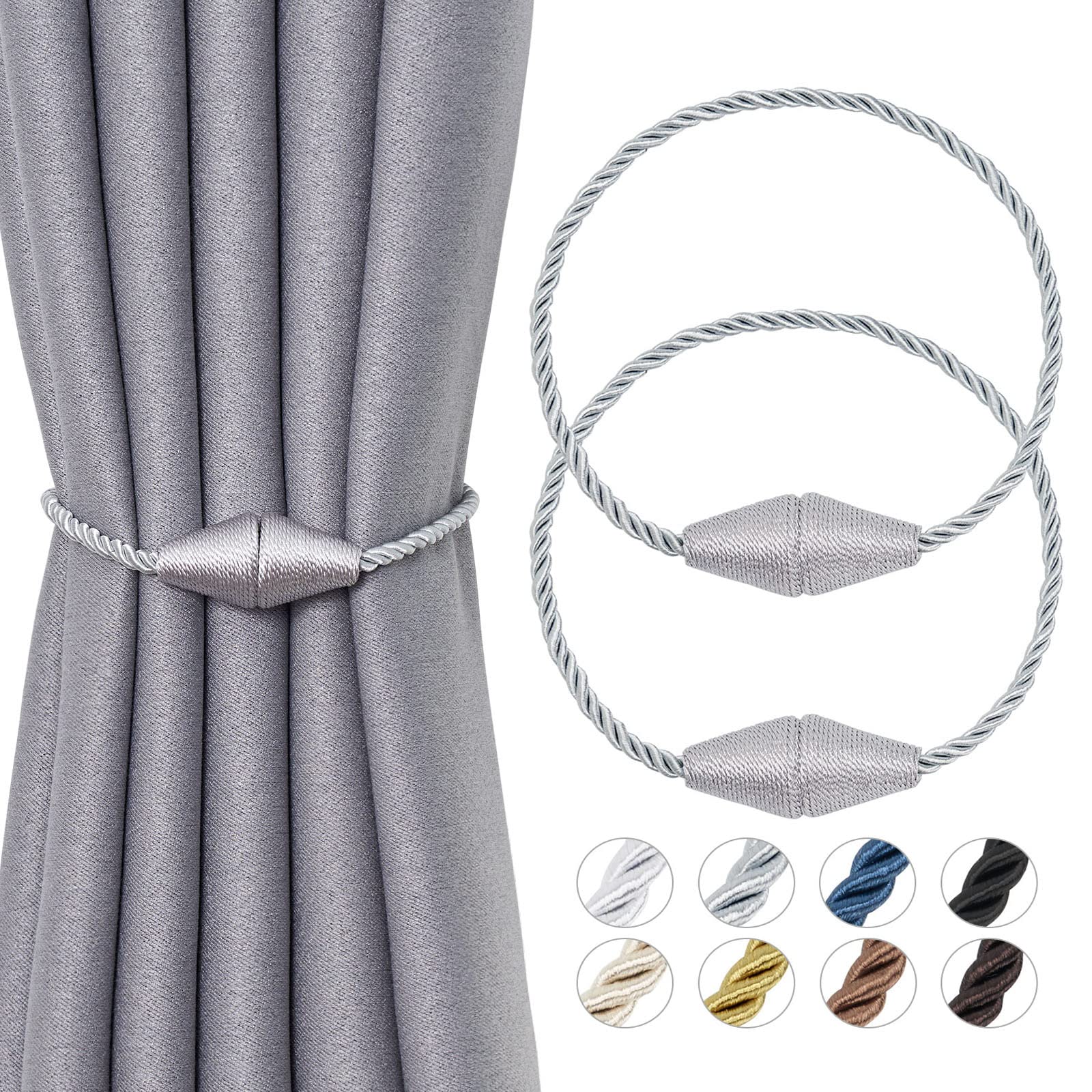NICEEC 2 Pack Upgrade Magnetic Curtain Tiebacks 16 Inch Handmade Weave Rope Curtain Holdbacks Convenient Decorative Cone Curtain Drape Tie Backs for Home & Office Window Drapery (New Grey)