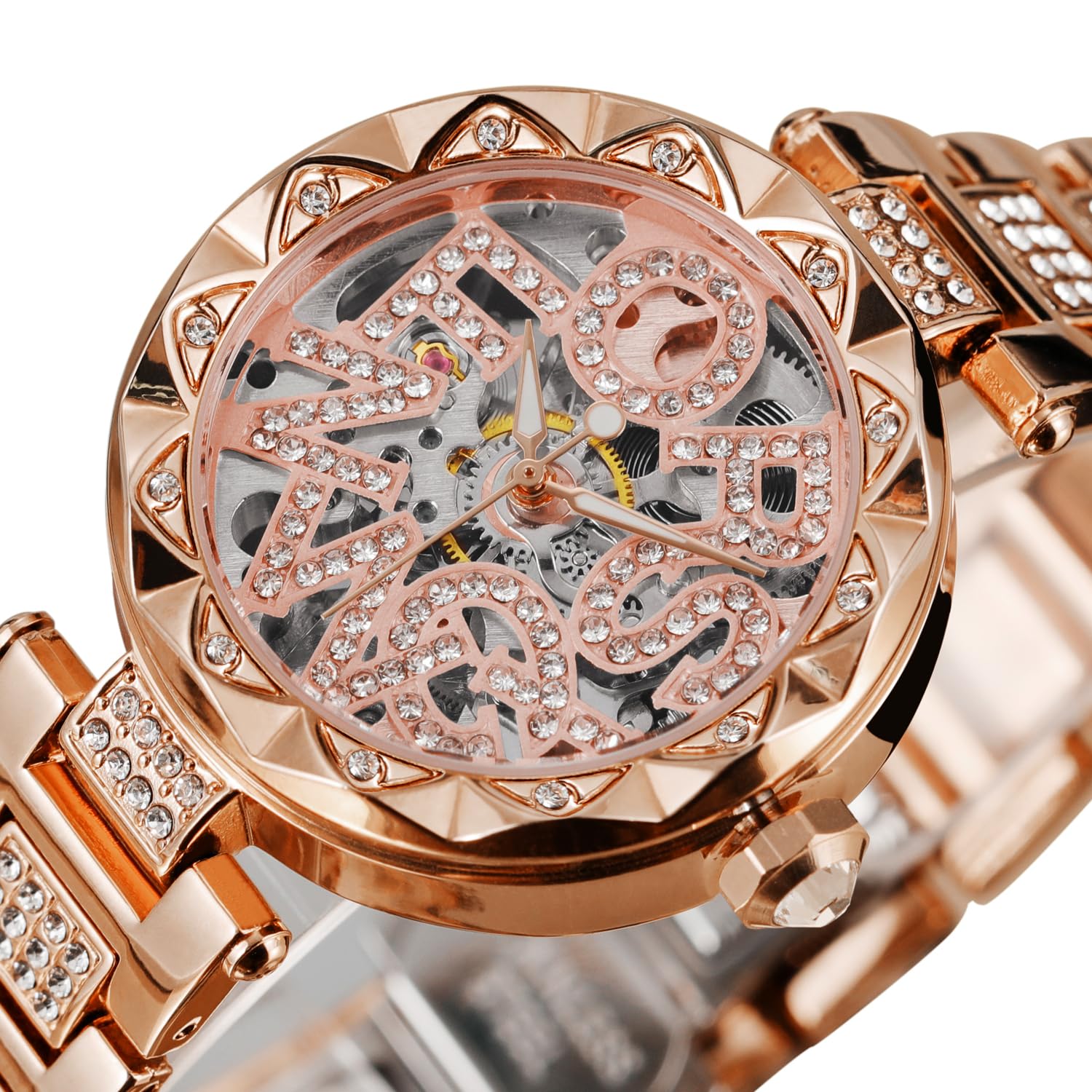 FORSINING Damen-Automatikuhr mit Buchstaben-Design, Diamant-Uhrwerk, mechanische Skelettuhr (Roségold)