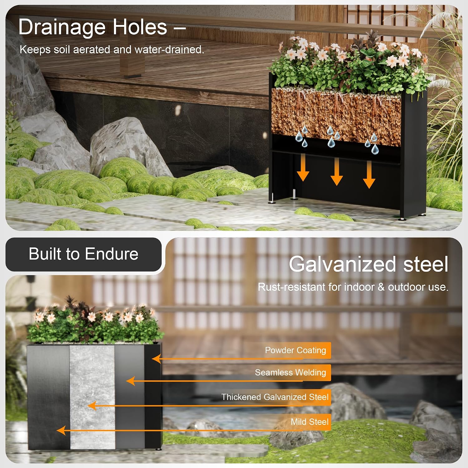 GSK Black Metal Planter 38" Lx10 Wx30 H Heavy-Duty Outdoor Rectangular Box Plants Indoor Galvanized Steel Drainage Rustproof Flower Rectangle Trough Easy Assemble Commercial Home Patio Balcony Porch