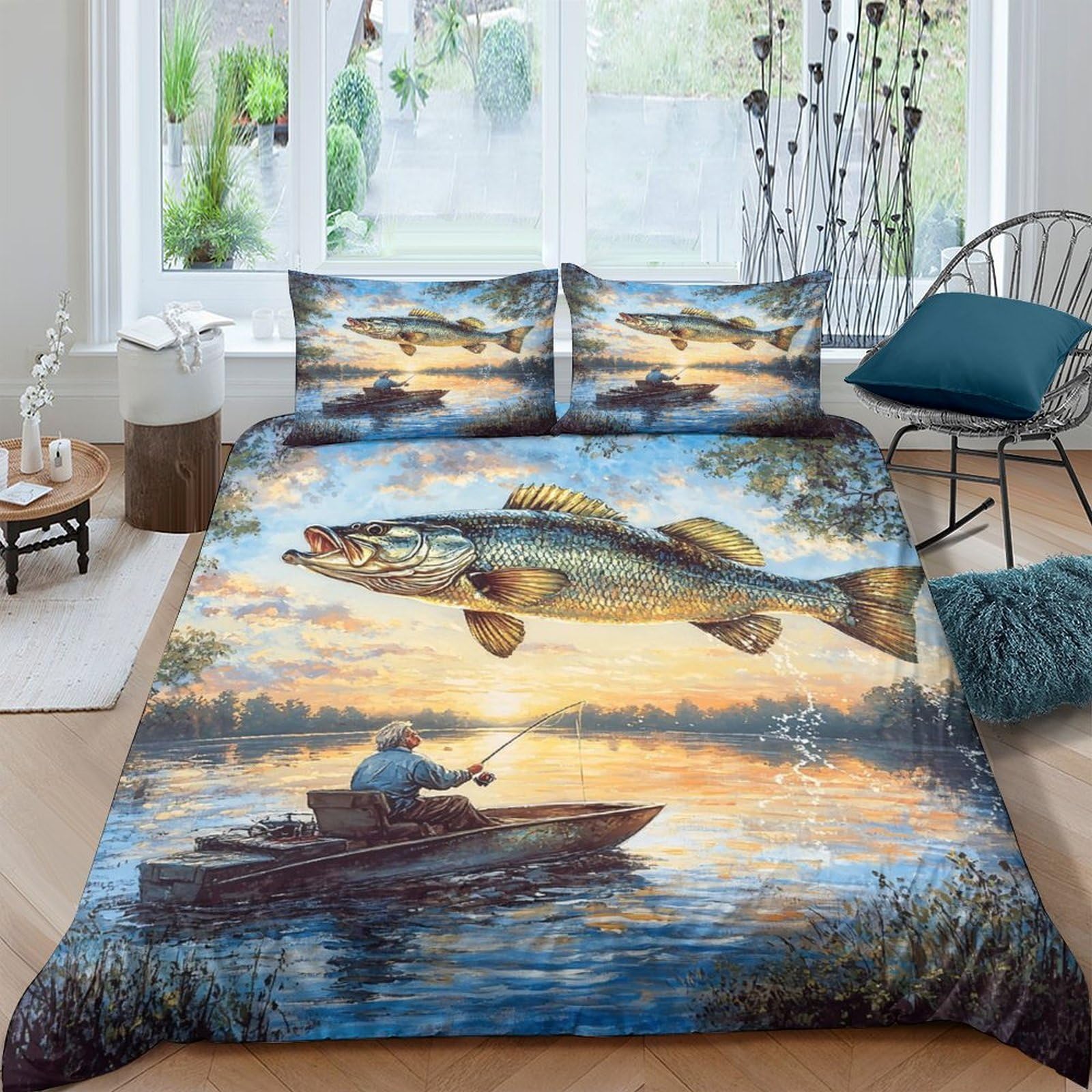 Ctjqhvkz Style-5 3D Printed Fishing Lake Fitted Sheet Microfiber Soft Breathable Sunset Fish Bed Cover For Bedroom Guest Room Decor Single（135X200cm）