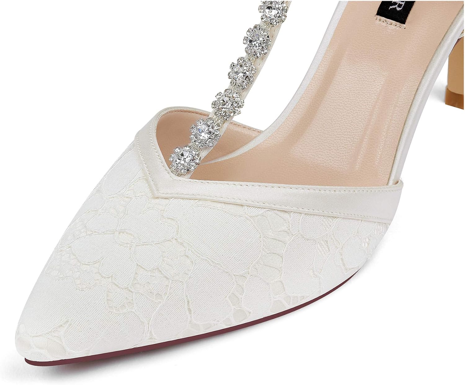 ERIJUNOR Women Lace Bridal Shoes Mid Heel with Rhinestones T-Strap Pointy Toe Satin Wedding Shoes - Image 4