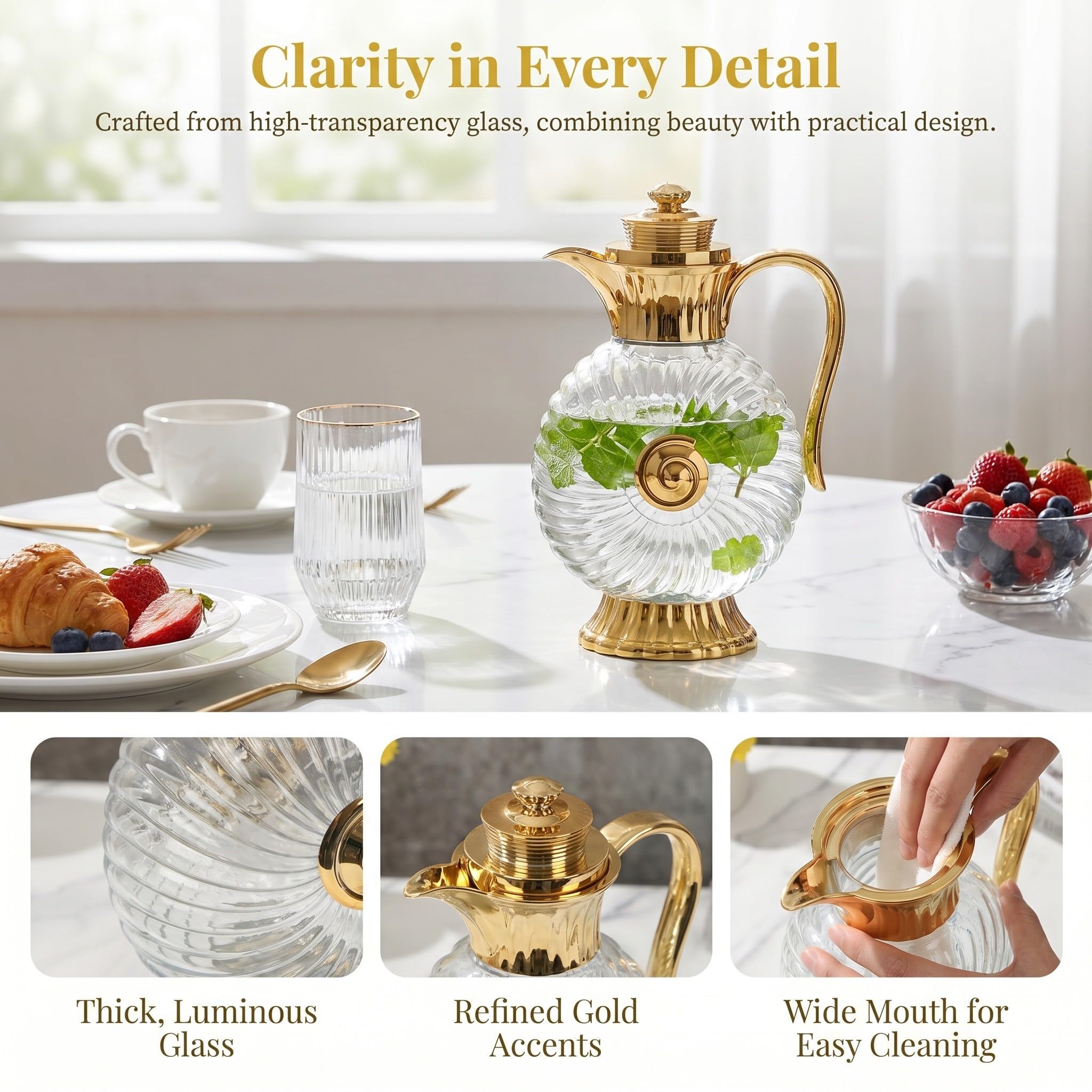 Happyyami Glaskrug 1,8l Gold mit Stabilem Sockel und Kühlschrankgeeignet im Eleganten Arabischen Stil für Dinnerpartys und Gästeunterhaltung