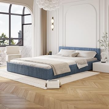 DEINPPA Queen Size Bed Frame with Pleated Headboard, Chenille Upholstered Grounded Wood Base Bed Frame, No Box Spring Needed-Dark Blue