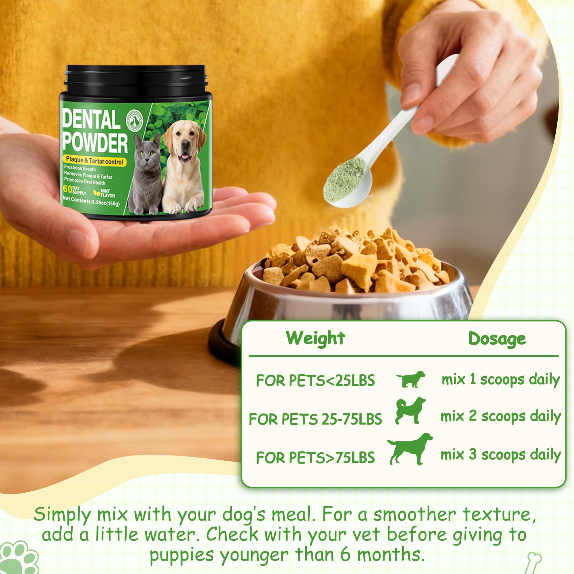 Dog Teeth Cleaning Powder, Dog Dental Powder and Cats Breath Freshener, Plaque Off, Bad Breath & Tartar Remover for Dogs, Dog Teeth Cleaning with Enzymes- 60-Day Supply -Mint Flavor - image 6