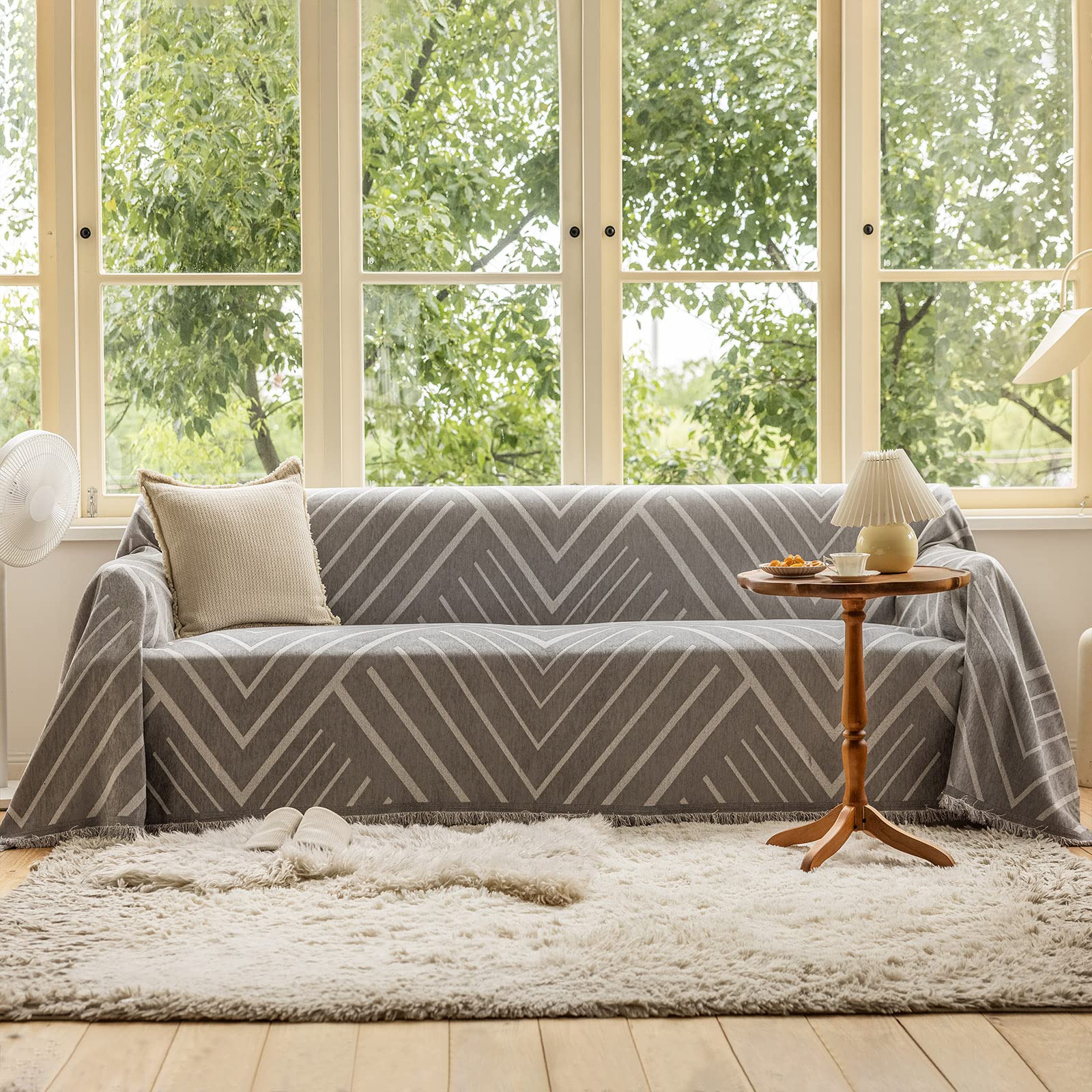 EAVDReversible Chenille Couch Covers 3 Cushion Couch Sofa Covers Sectional Couch Cover Geometric Pattern Couch Cover w/ Tassle Modern Simple Grey White Striped Sofa Slipcover Dogs Pets(EASO044-XL)