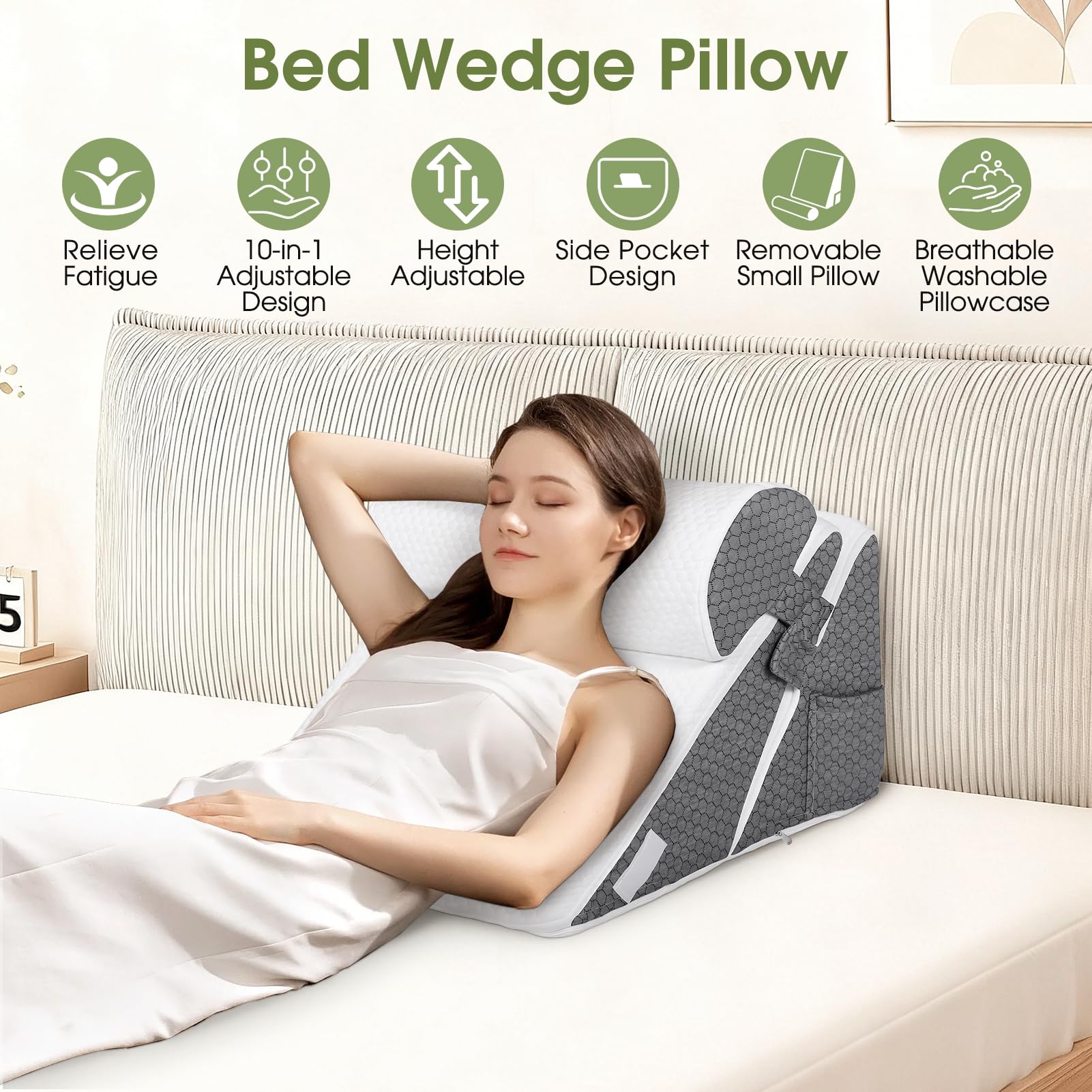 Gugxiom Cuscino a cuneo triangolare, cuscino a cuneo per letto per la testa, con fodera lavabile e tasche, per dormire, supporto per collo e schiena