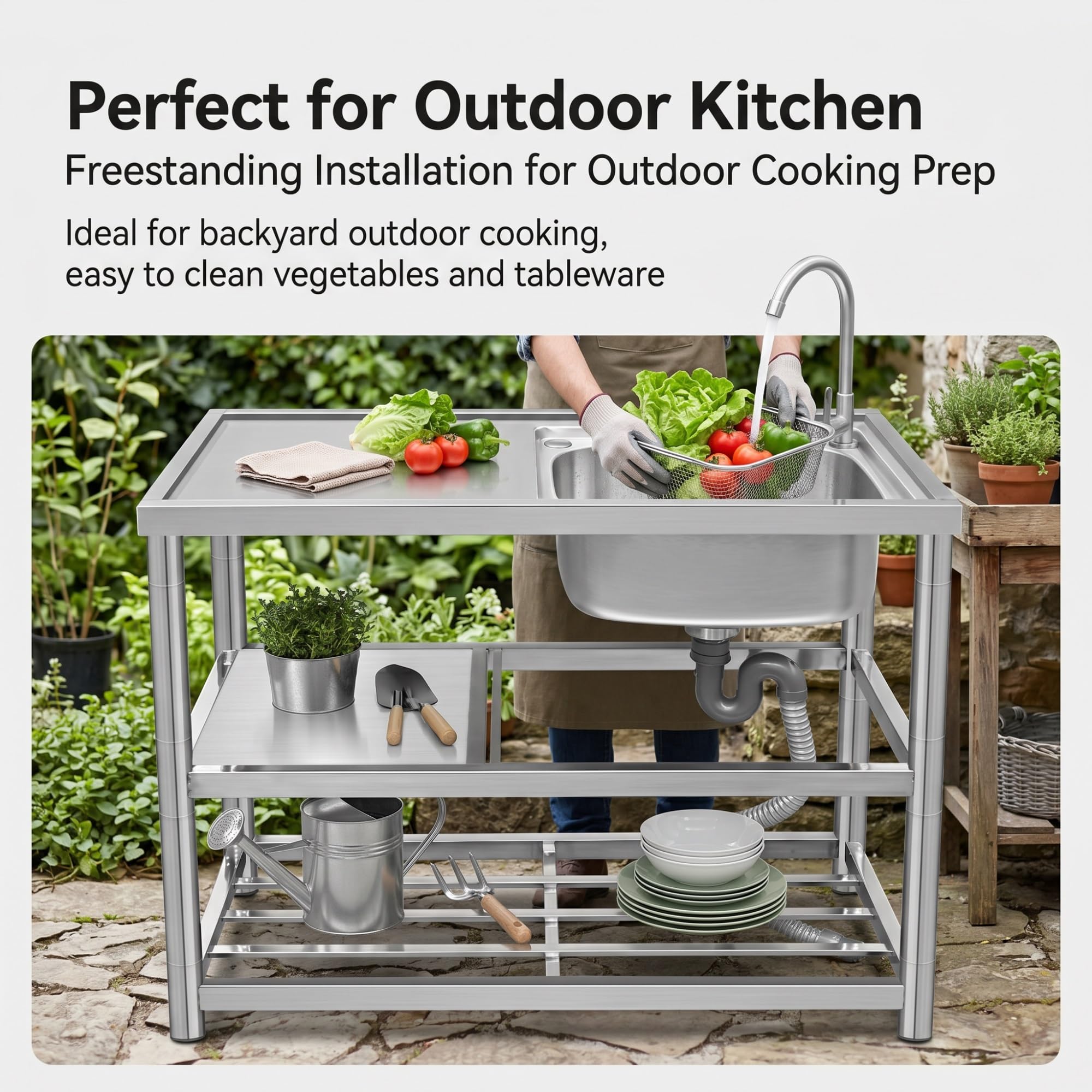 Lavandino da Esterno Inox Professionale Autonomo, Lavello da Cucina con Piano di Lavoro e Ripiano, Lavabo a Vasca Singola con Rubinetto Caldo/Freddo(100X45X80cm)