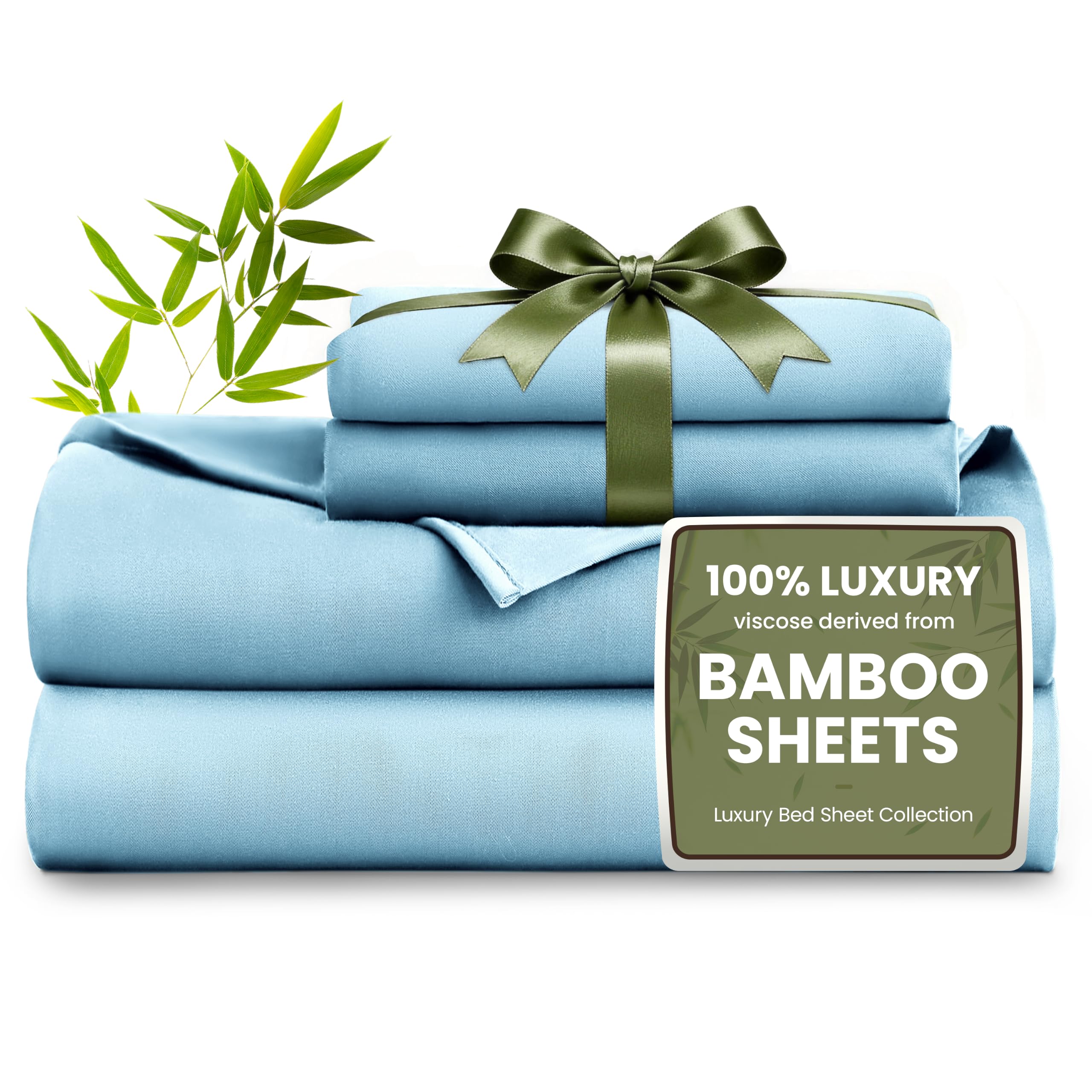 Love's cabin 4 Piece Full Size Sheet Set, 100% Rayon Derived from Bamboo, Cooling &amp; Breathable, Soft Silky Deep Pocket up to 16", Hotel Luxury Bedding for Hot Sleepers, Light Blue