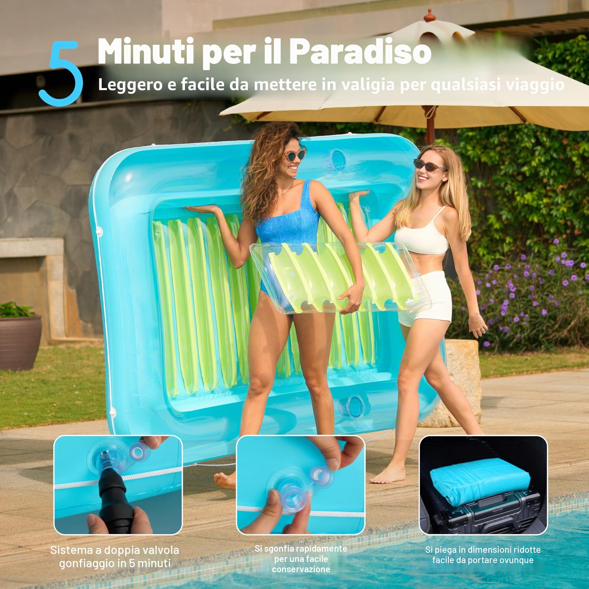 SLOOSH Tanning Pool Sdraio gonfiabile per piscina, con cuscino, 4 in 1, vasca abbronzante, lettino prendisole