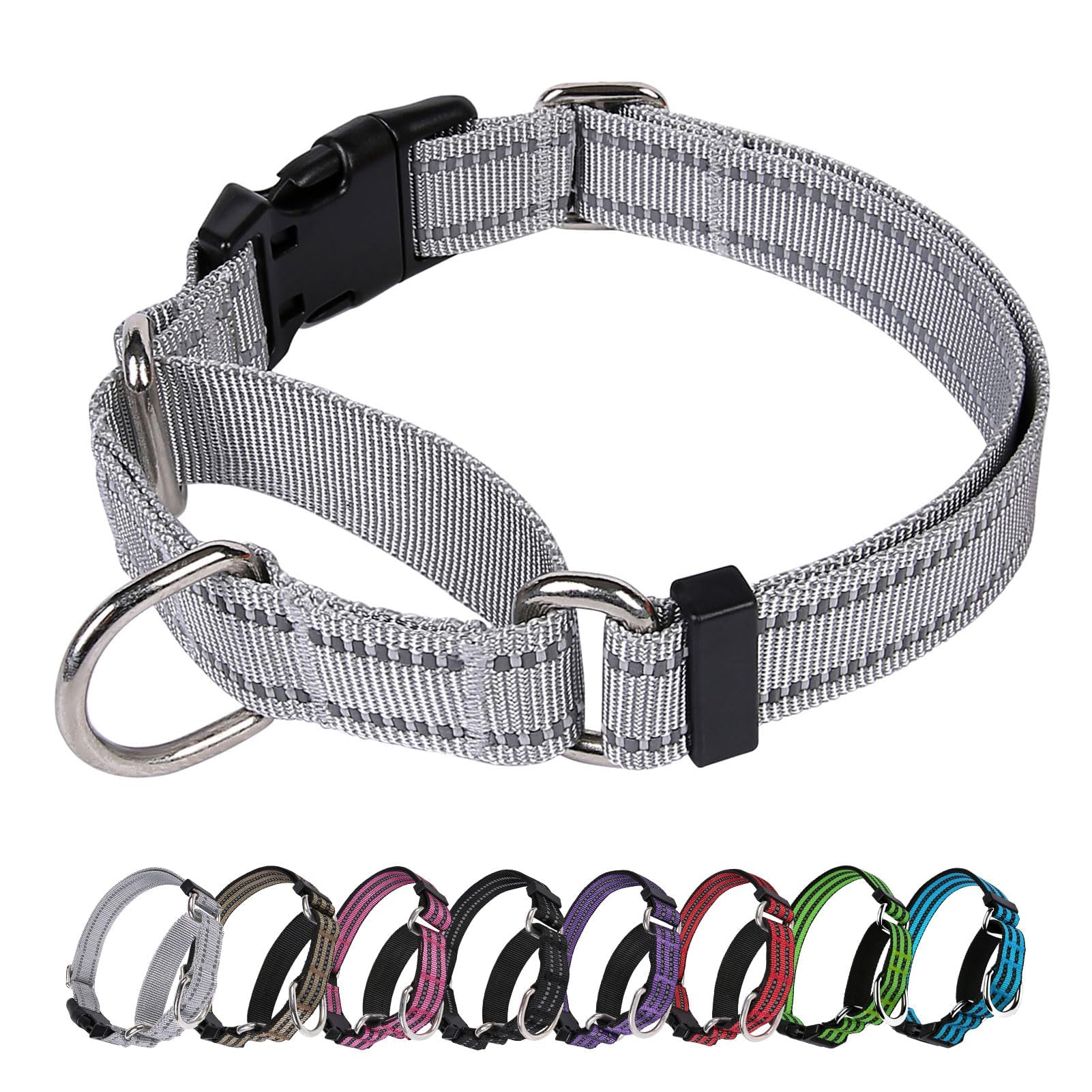 Martingale Dog Collar, Adjustable Nylon Reflective Collar with Buckle No Pull Dog Collar for Small Medium Large Dogs (Grey, M)