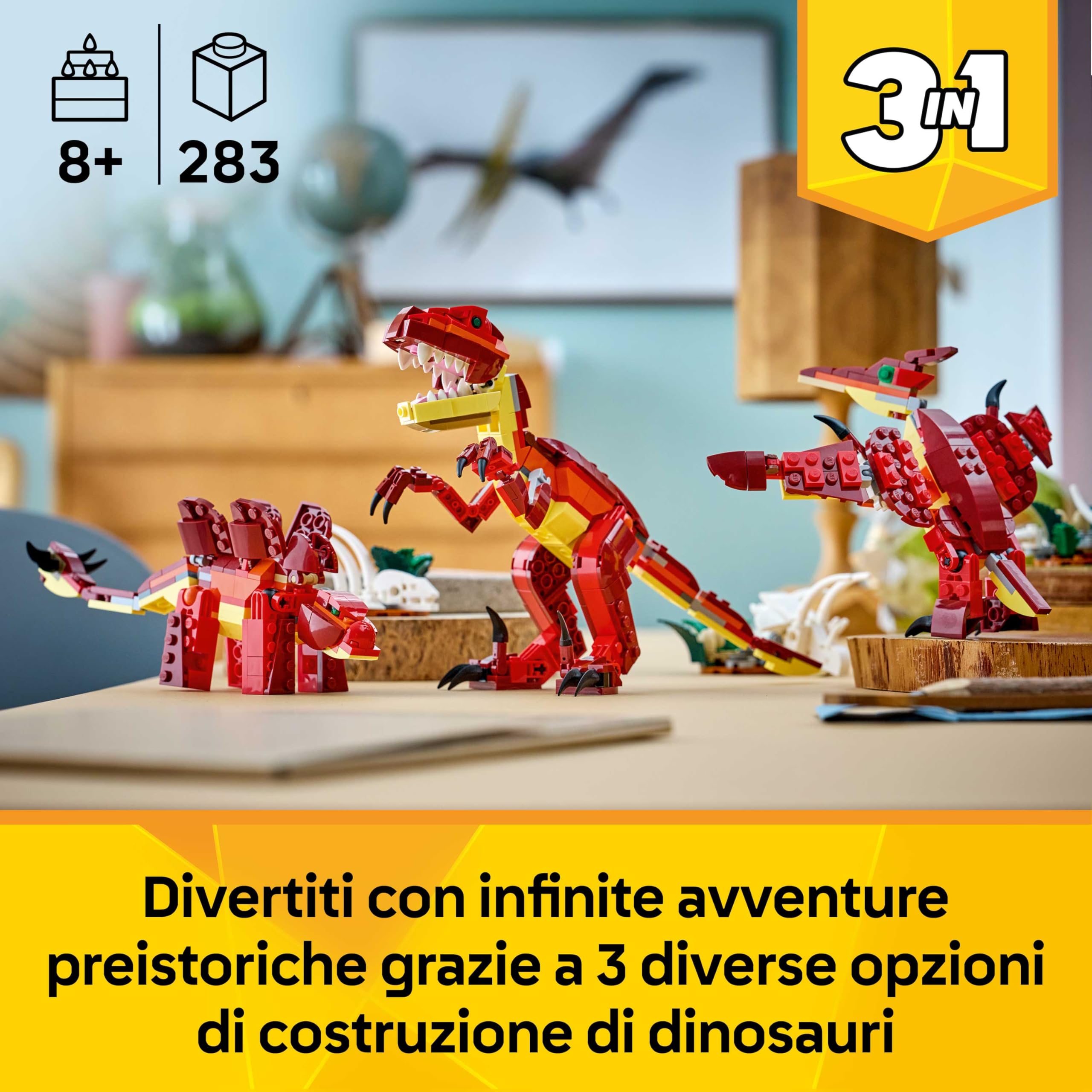 LEGO Creator 3 in 1 Feroce Dinosauro Giocattolo - Figure di Velociraptor, Stegosauro o Pterosauro con Elementi Scheletro e Denti Affilati - Regalo di Compleanno per Bambini e Bambine da 8 Anni - 31379