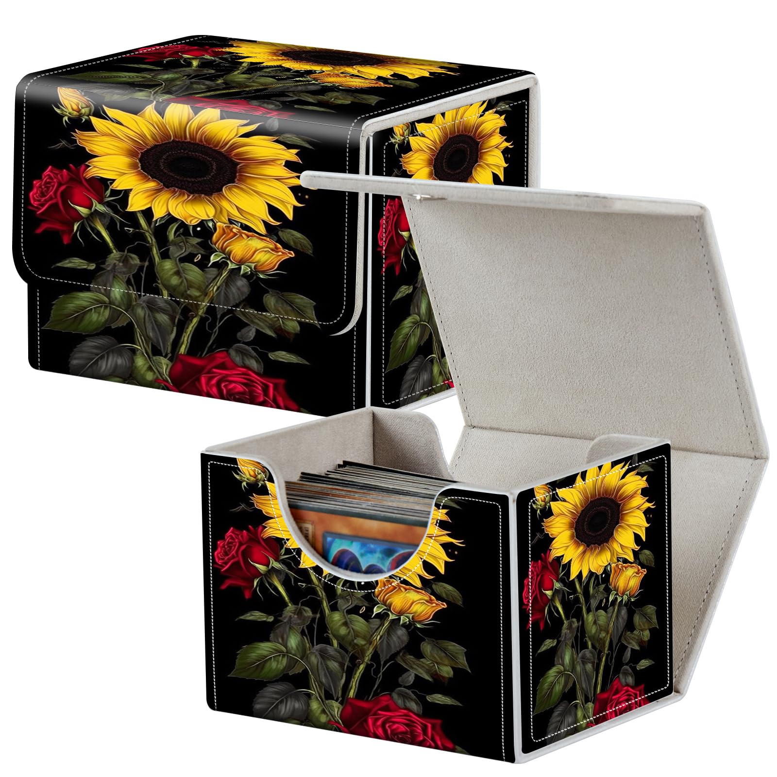 Card Deck Box for MTG Cards,100+ Single Sleeved Cards Trading Card Deck Case,Strong Magnet Magic Gathering Deck Box,PU Leather Trading Card Storage Box for TCG,CCG,MTG Cards,Sunflower Roses Flowers