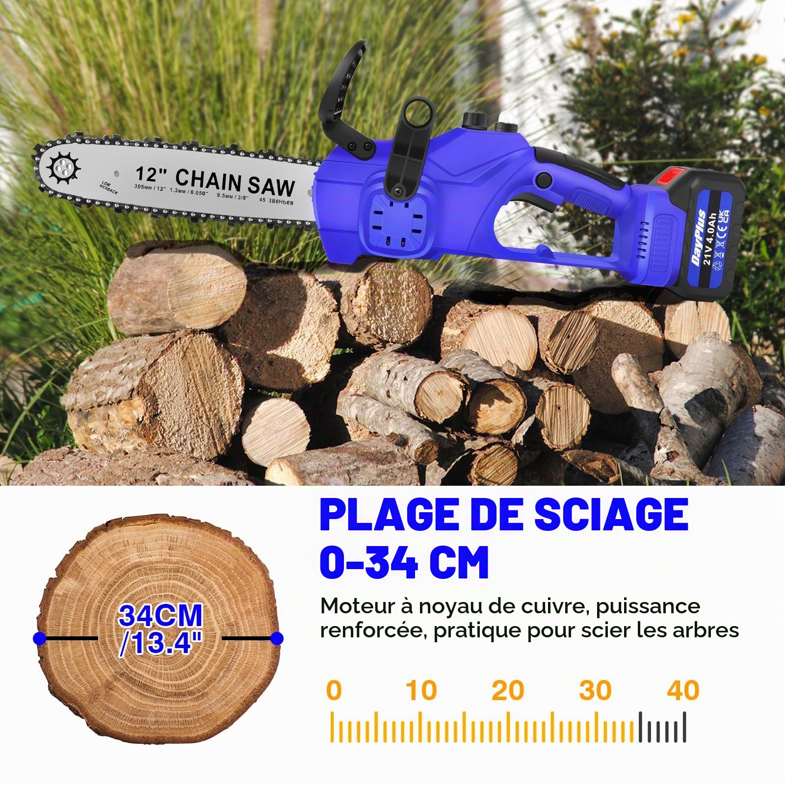 Tronçonneuse à Batterie 12 Pouces Tronçonneuse Électrique Sans Fil 21V avec Système d'Huile, Batteries Rechargeables 4000mAh et 2 Chaînes pour Jardinage, Arboriculture et la Coupe de Bois