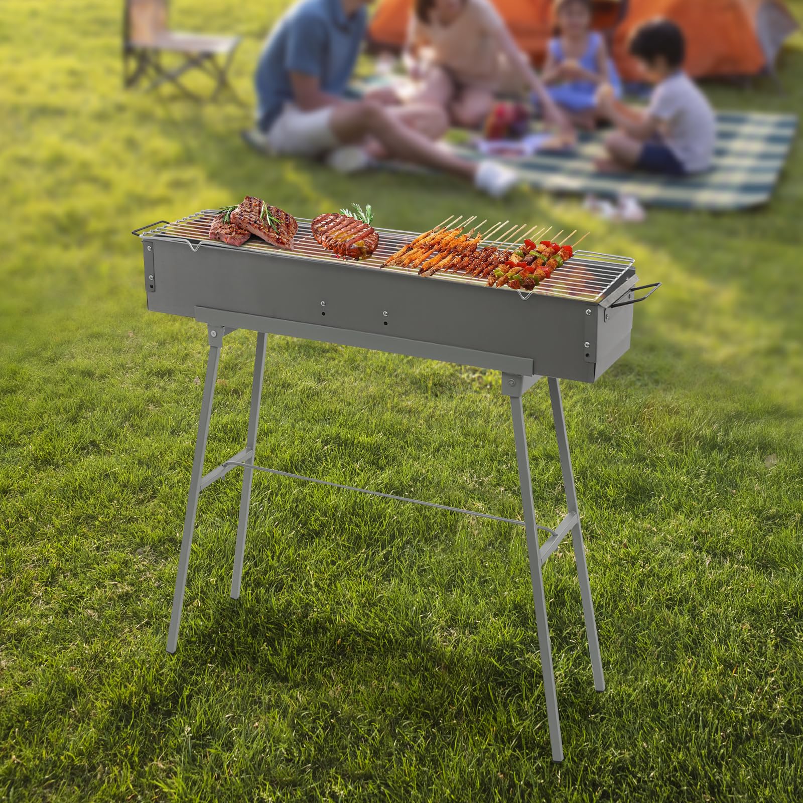 Barbecue a carbonella per barbecue, portatile da picnic, griglia rettangolare rimovibile, griglia a carbone con patta ad aria regolabile, per attività all'aperto, campeggio, picnic, feste