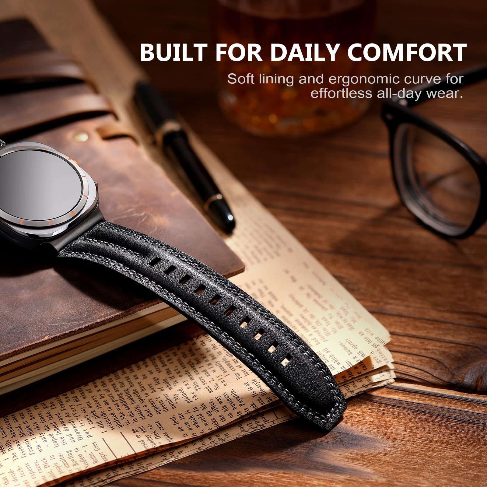 Skórzany pasek kompatybilny z Samsung Galaxy Watch Ultra 47 mm (2025/2024), prawdziwa skóra, wytrzymały, trwały, klasyczny, ręcznie robiony, na zewnątrz, biznes, podróż, prezent