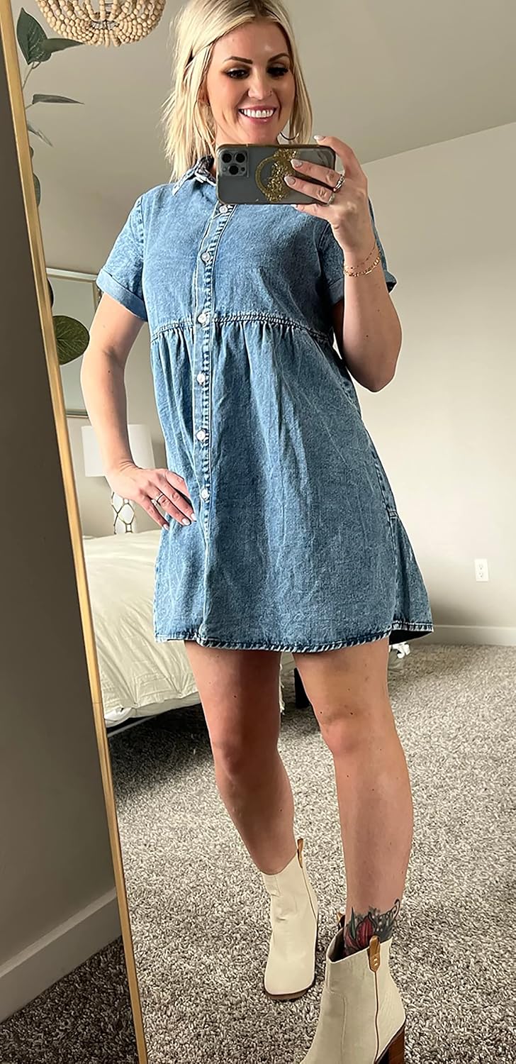 Women's Denim Dress for Women Cute Blue Babydoll Denim Shirt Dress Denim Dress with Pockets - Image 5