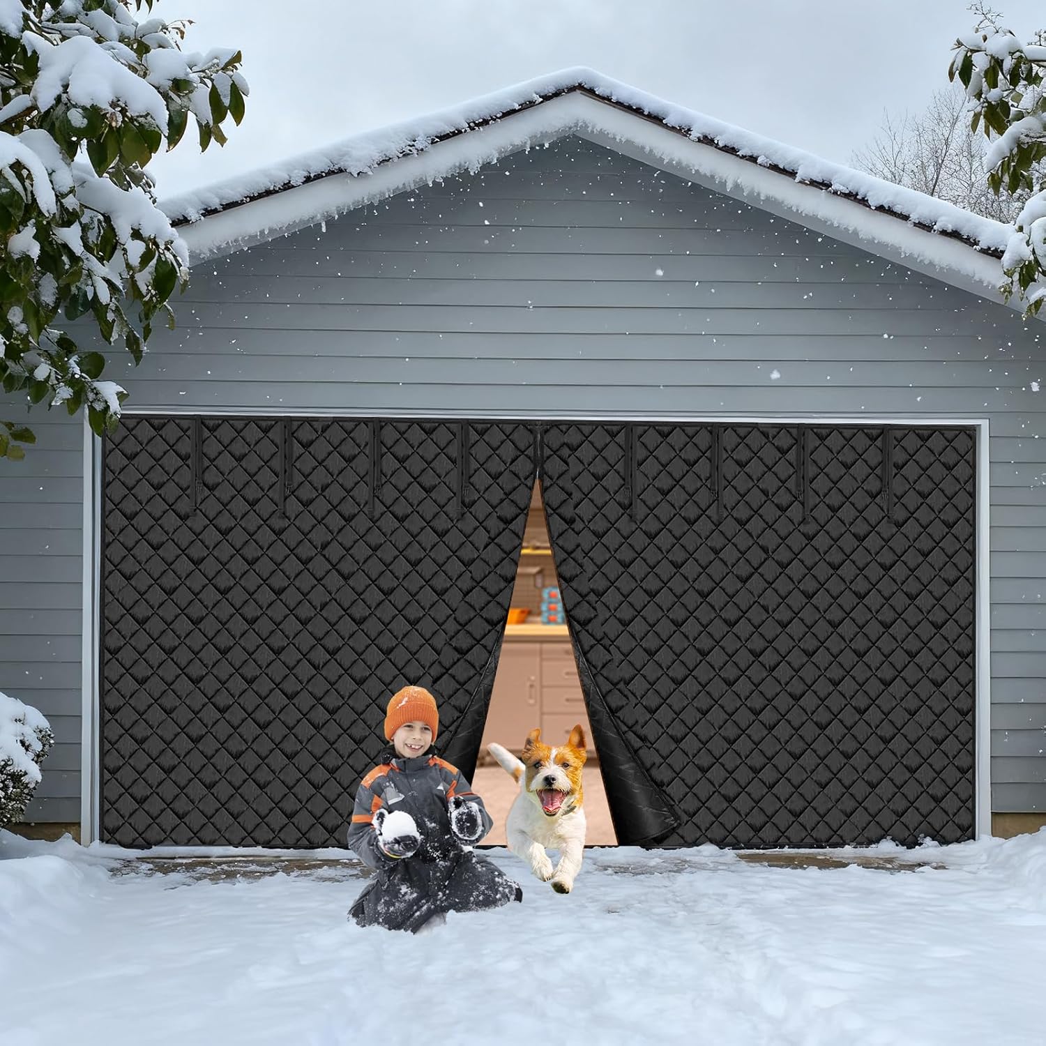 16FT ×7FT Garage Door Screen for Winter Magnetic Thermal Insulated Door Curtain Door Cover for 2 Car Garage Thicken Fiberfill & Durable Oxford Fabric Waterproof Windproof Soundproof