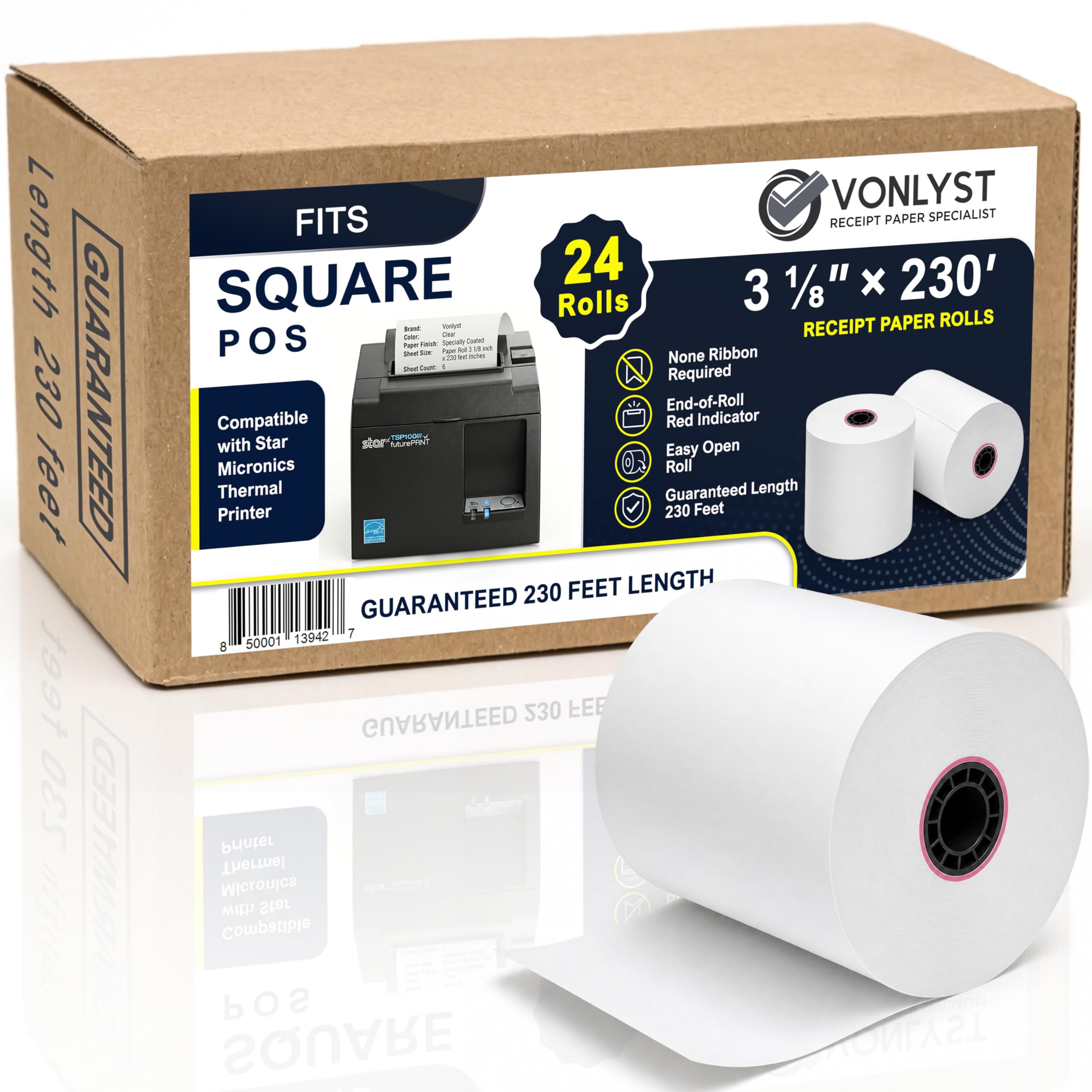 Papel de recibo 3 1/8 x 230 para impresora térmica cuadrada POS (paquete de 24 rollos)