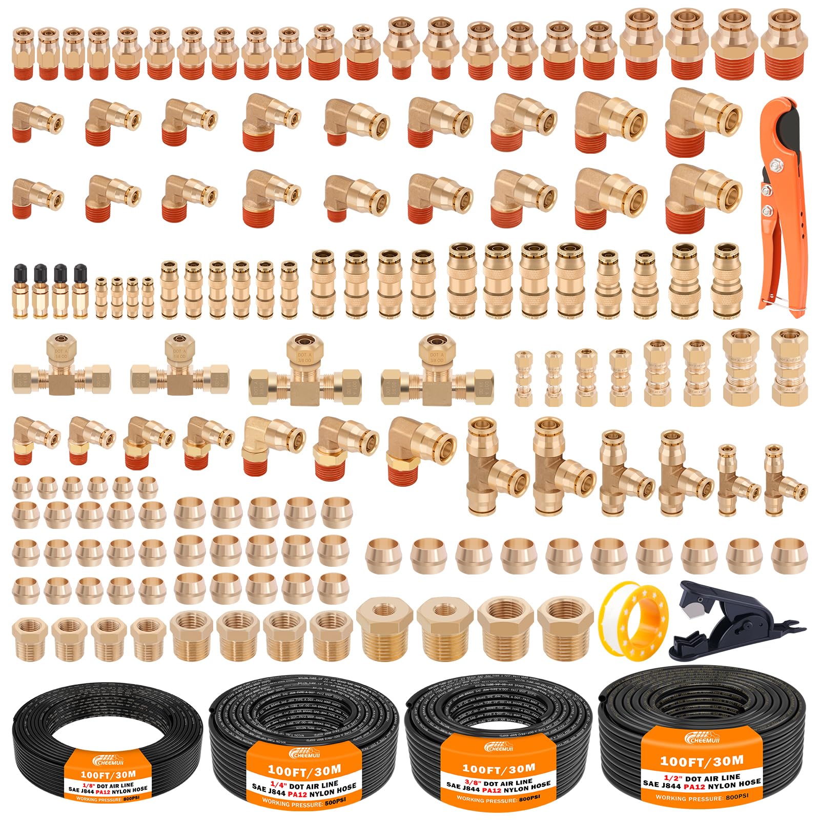 CheeMuii 156 PCS Brass DOT Air Line Fittings with 4 Roll 100FT 1/8