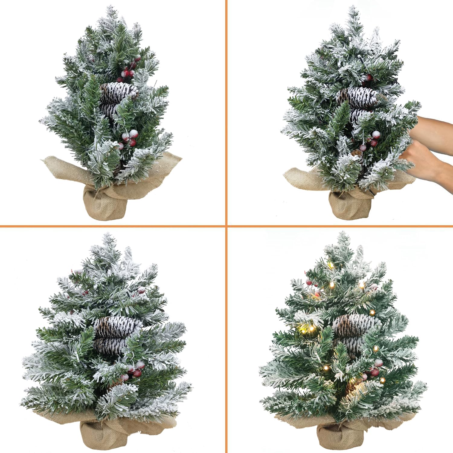 CHICHIC 20 Inch Prelit Artificial Mini Christmas Tree Snow Flocked Small Tabletop Christmas Tree Decorated with LED Lights, Pine Cones, Berry Clusters, Frosted Branches for Home Holiday Decorations