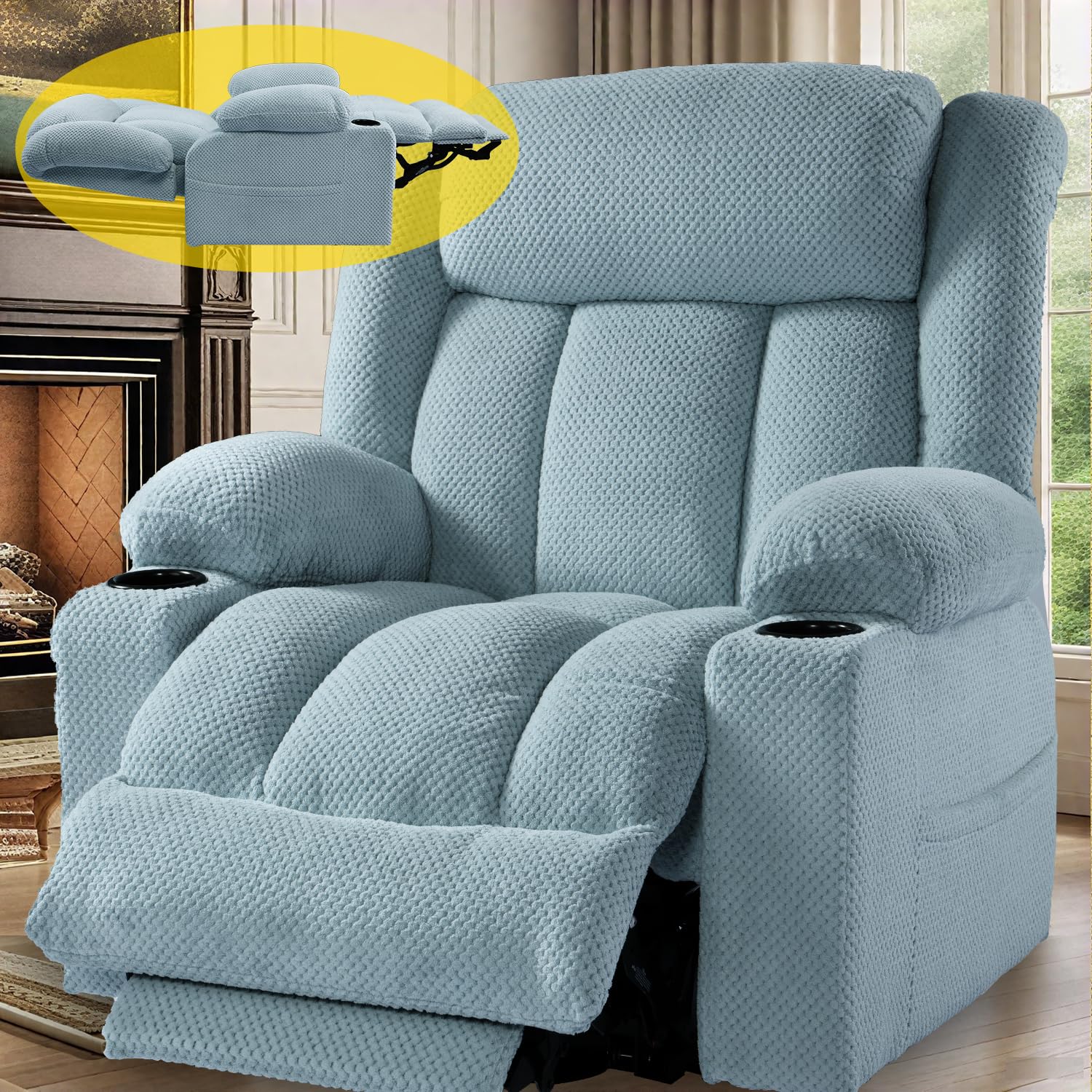 3 Motor Large-Wide Lift Chair, Infinite Position, 180° Lay Flat, Power Lift Chairs Recliners for Elderly Big and Tall, Massage &amp; Heat, Extended Footrest, Soft Plush Flannel (Light Blue)