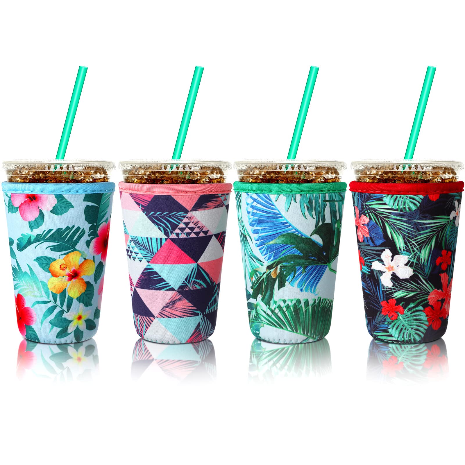 Patelai 4 Pieces Reusable Iced Coffee Sleeves Cup Insulator for Cold Drinks Beverages and Holder for Most Coffee(22-24 oz Medium)