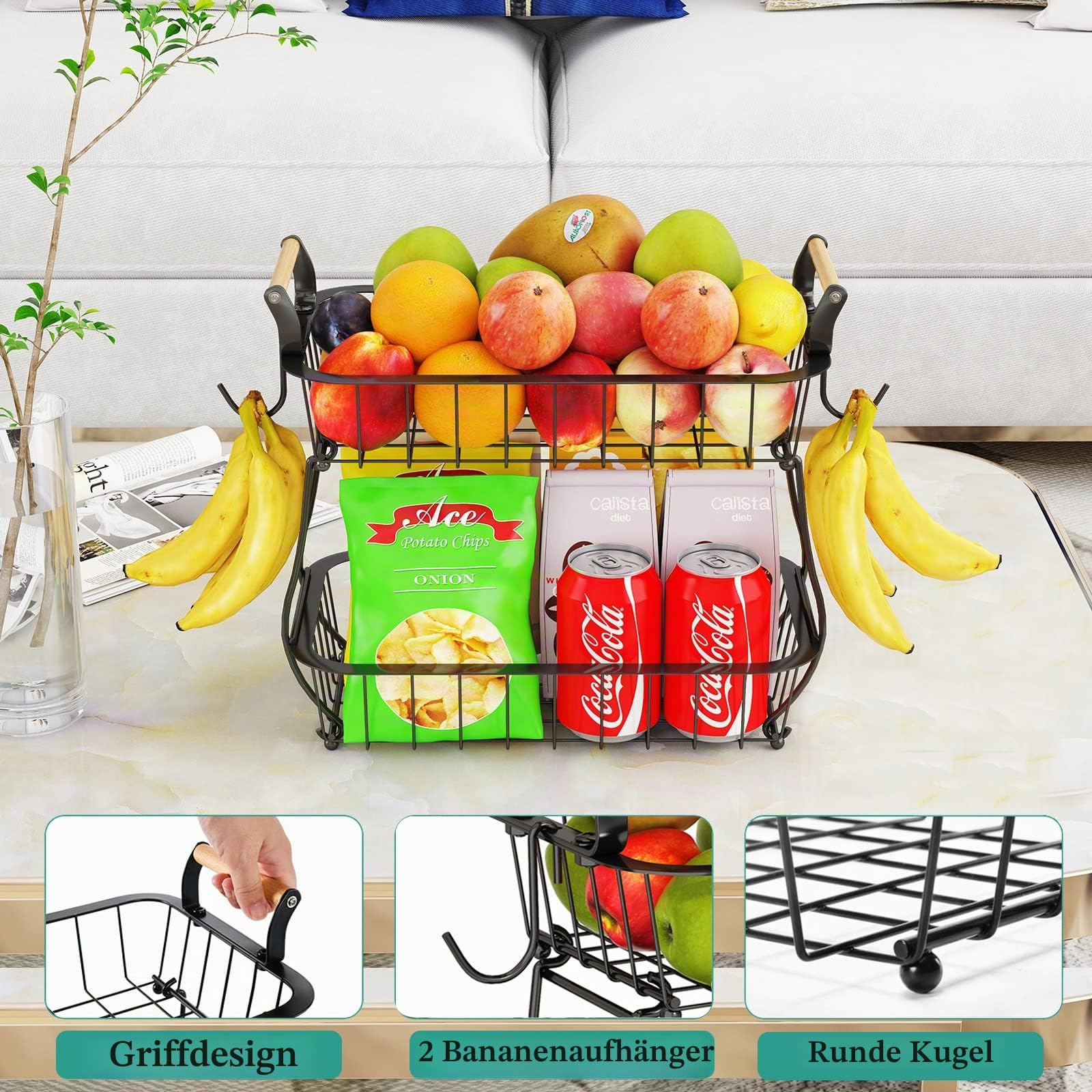 ANTOPY 2-stöckiger Obstkorb mit 2 Bananenbügeln, Obst-Gemüse-Korb für die Küchentheke, Metalldraht, Aufbewahrungskorb, Obstständer, Halter, Organizer für Brot, Snacks, Gemüse, Schwarz