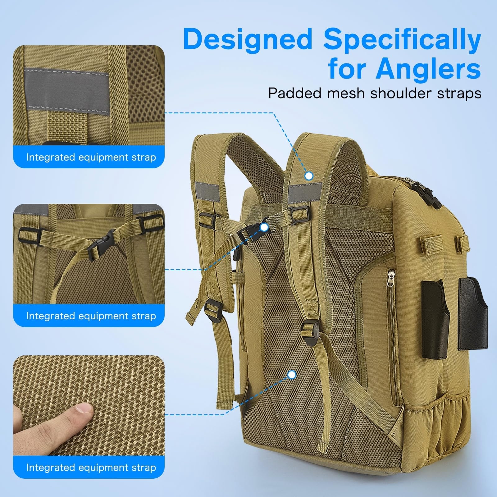 Angeltasche mit Rutenhaltern, 900D Oxford Wasserabweisend Angel Rucksack Angelrucksack mit verstellbarem Fach, 40L Angeltaschen für Salzwasser- Süßwasserfischen Angeltasche Wandern Camping Trekking