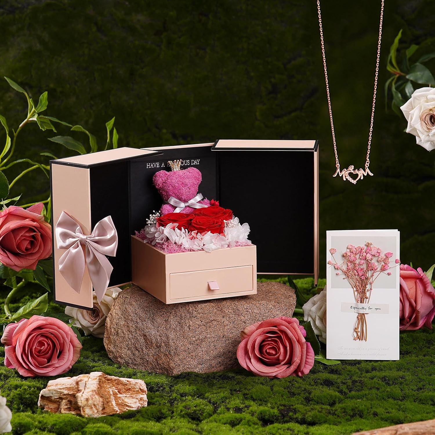 ADDWel Mom Gifts from Son Daughter, Unique Eternal Roses Gifts for Moms Birthday - Real Preserved Rose with Teddy Bear and Mom Necklace for Mama Mother Valentines Day Bday
