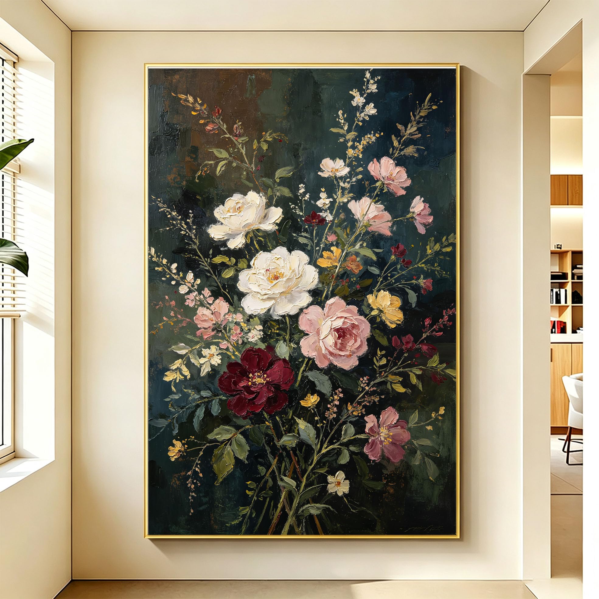 Modernes, 100% Handgemaltes Ölgemälde Mit Dunklen Blumen Auf Leinwand, Rahmenloses Abstraktes Blumenmotiv Für Wohnzimmer Und Heimdekoration, 120 X 200 Cm (47,2 X 78,7 Zoll)