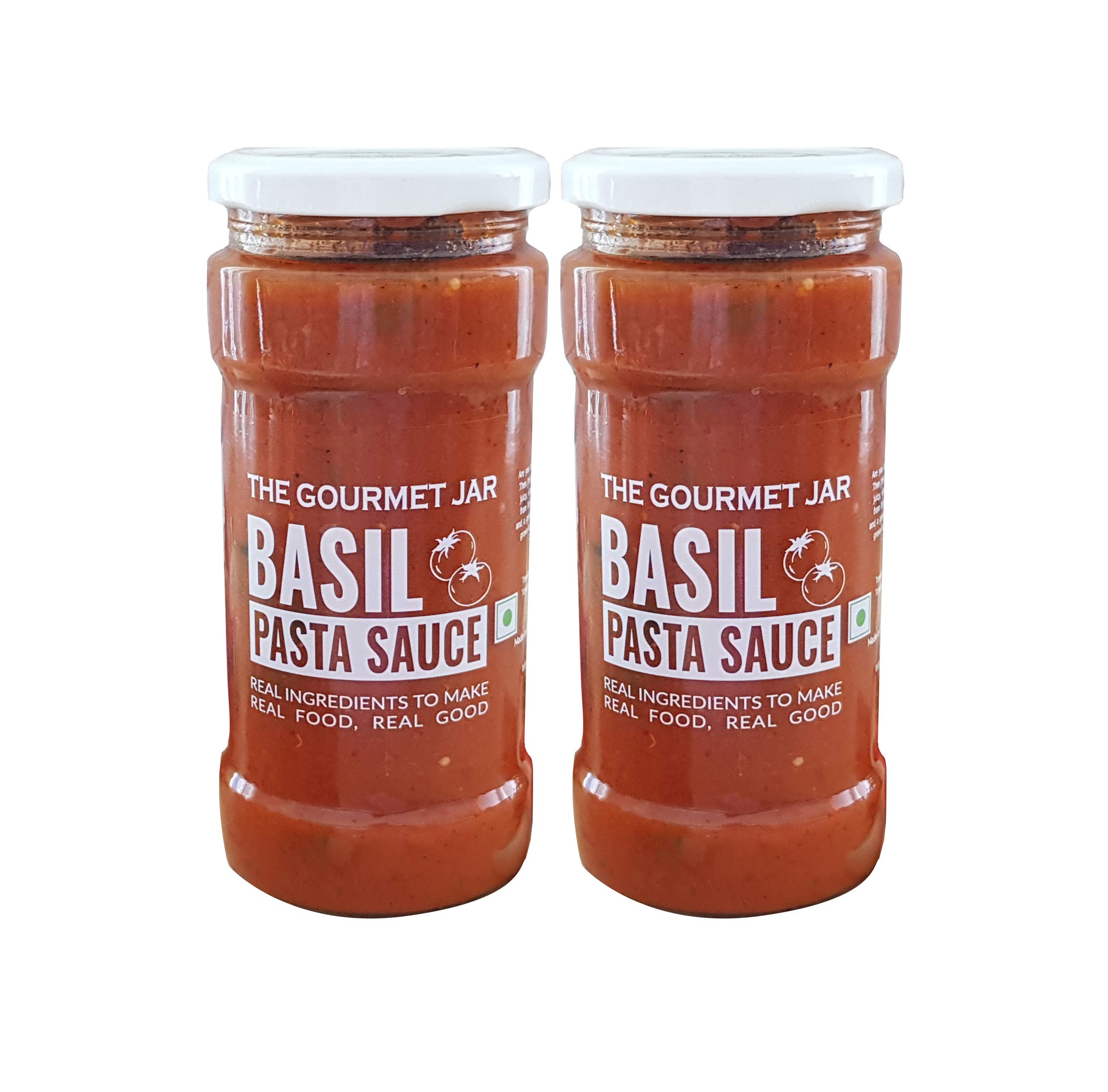 The Gourmet Jar Basil Pasta Sauce 390g| 100% Natural, No Preservatives, No Artificial Colors, No Artificial Flavouring agents| Vegan| Gluten Free| Made with Hydroponic Basil Leaves & Fresh Vine- Ripened Roma and Cherry Tomatoes| Enjoy it with all types of pasta | Pack of 2