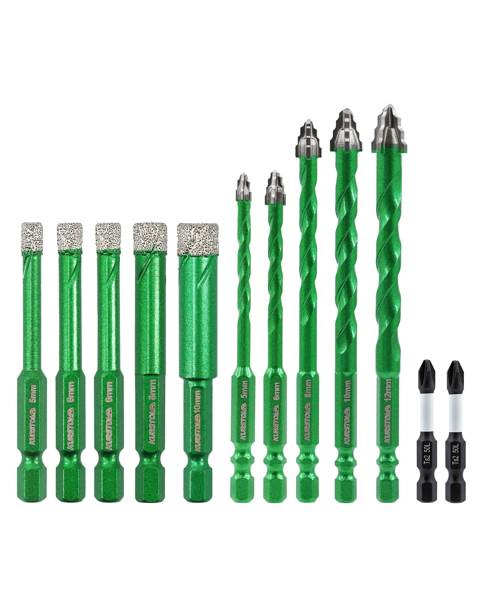KURSTOL Diamond Drill Bit Set 12pcs - 5/6/8/10/12mm Masonry Drill Bit with PH2 Screwdriver Bit for Porcelain Tile Ceramic Granite Marble Glass Wood Plastic Masonry