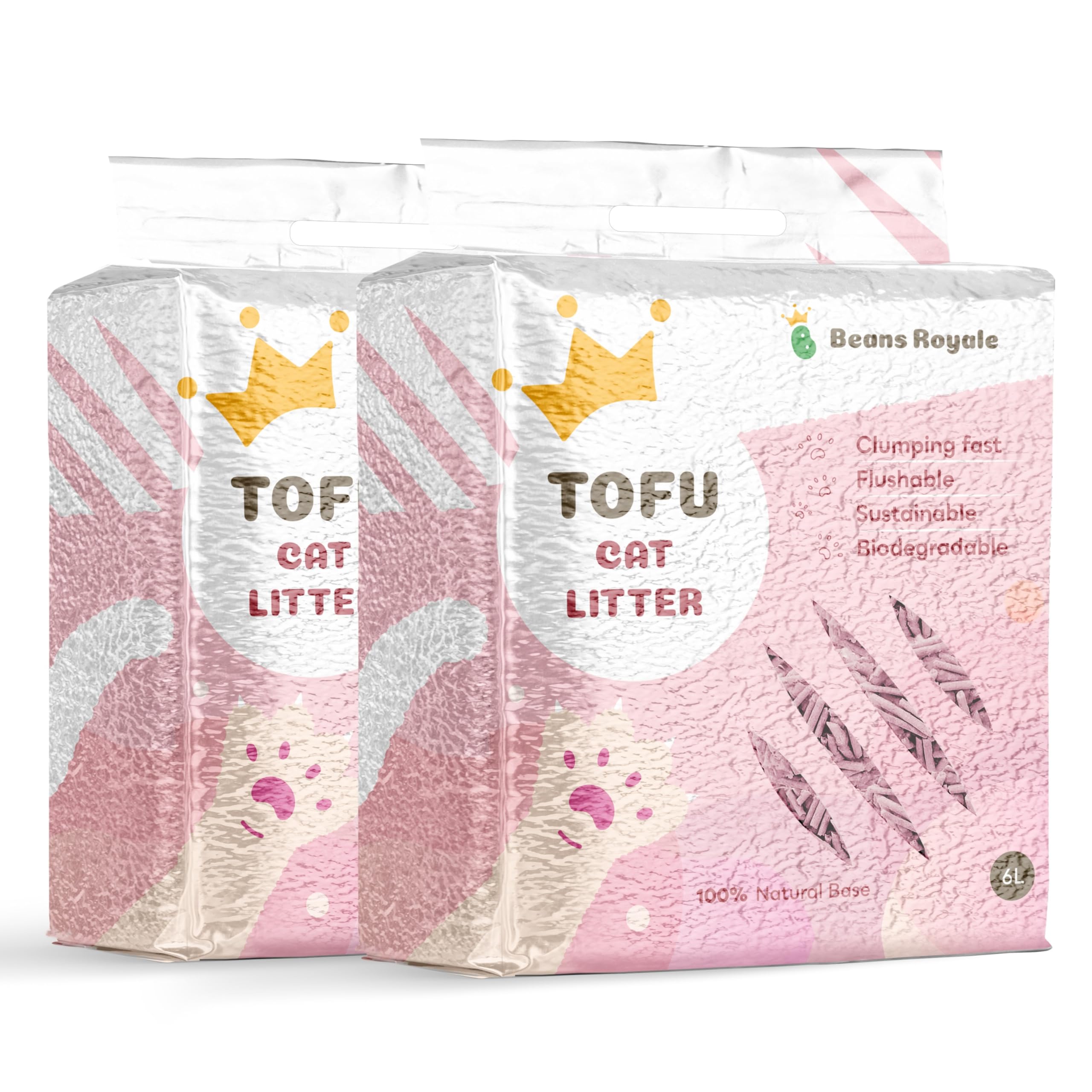 Beans Royale 2pcs Pack (6L x 2) Tofu Cat Litter, Clumping Kitty Litter, Flushable,Pea Fiber,Dust Free, Odor Control, Low Tracking, Lightweight (Peach)