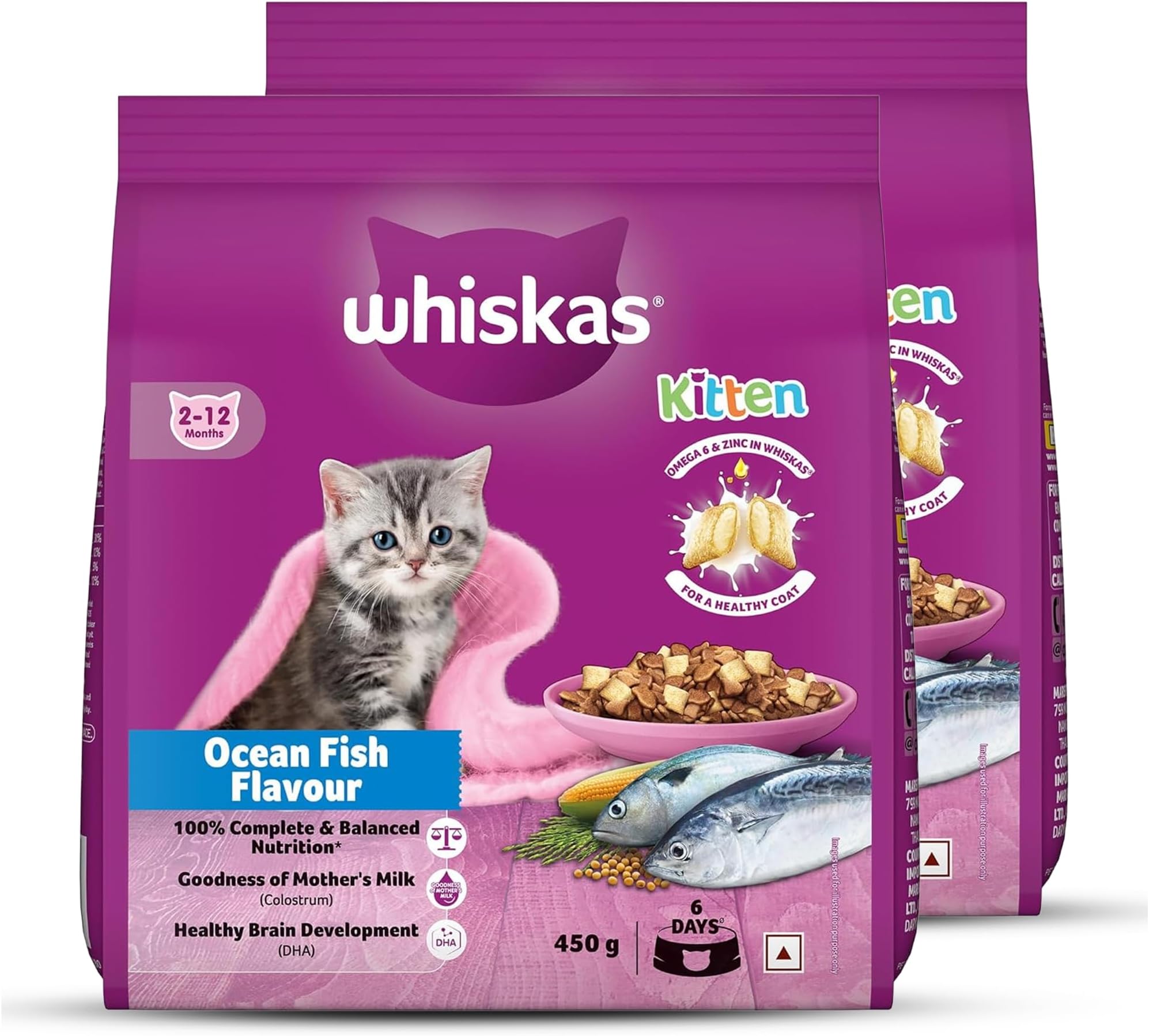 Whiskas Junior Mother Cat & Kitten (2-12 Months) Dry Cat Food, Ocean Fish Flavour, 450 g, Contains 41 Essential Nutrients, Complete & Balanced Nutrition for Mother Cats & Kittens (Pack of 2)