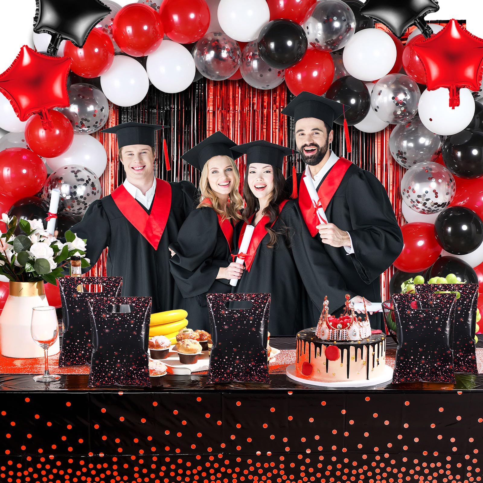 Pasimy 50 Stück schwarze und rote Party-Geschenktüten, gestanzt, Kunststoff, Leckerli-Merchandise-Artikel mit Griff, für Geburtstagsparty, Hochzeit, Brautparty, Babyparty, Weihnachten, Neujahr