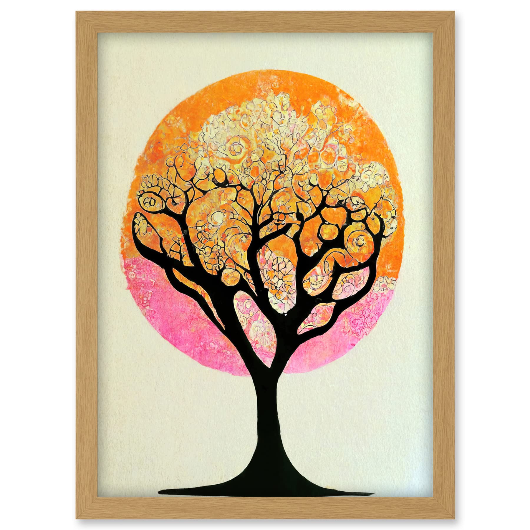 Doppelganger33 LTD Tranquil Tree Silhouette Abstract Illustration Enchanted Linocut Artwork Framed A3 Wall Art Print