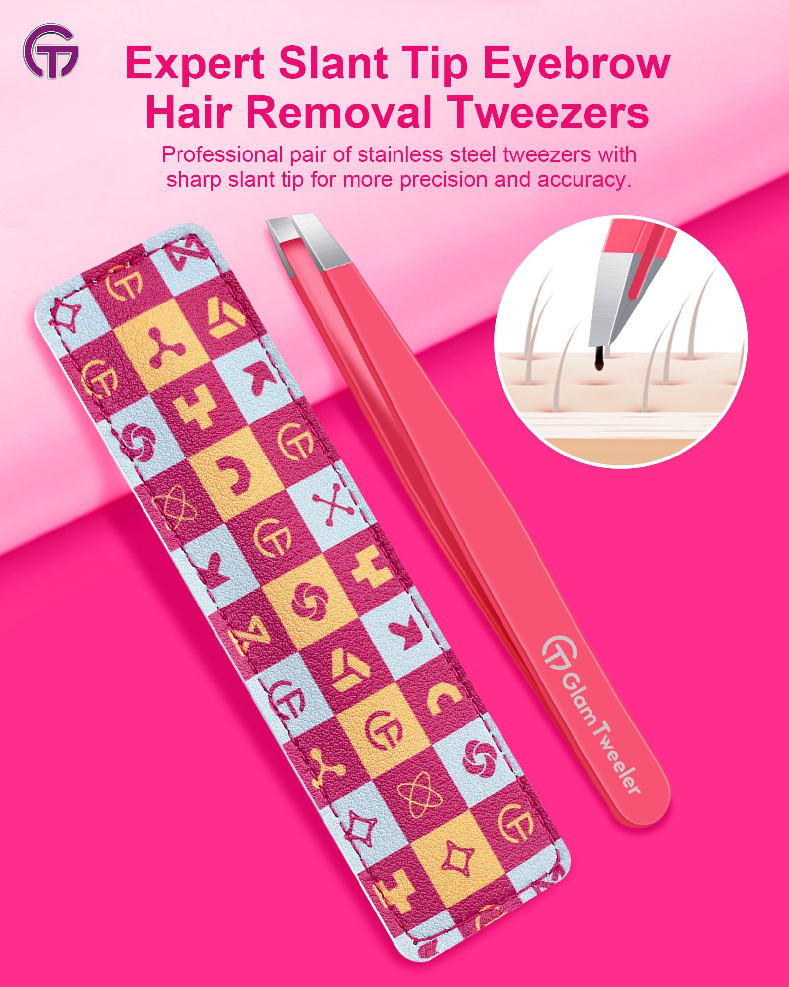 GlamTweeler Expert - Pinzas de depilación de cejas con funda de cuero, punta inclinada de alta precisión, pinzas de acero inoxidable para hombres y mujeres (rosa intenso)