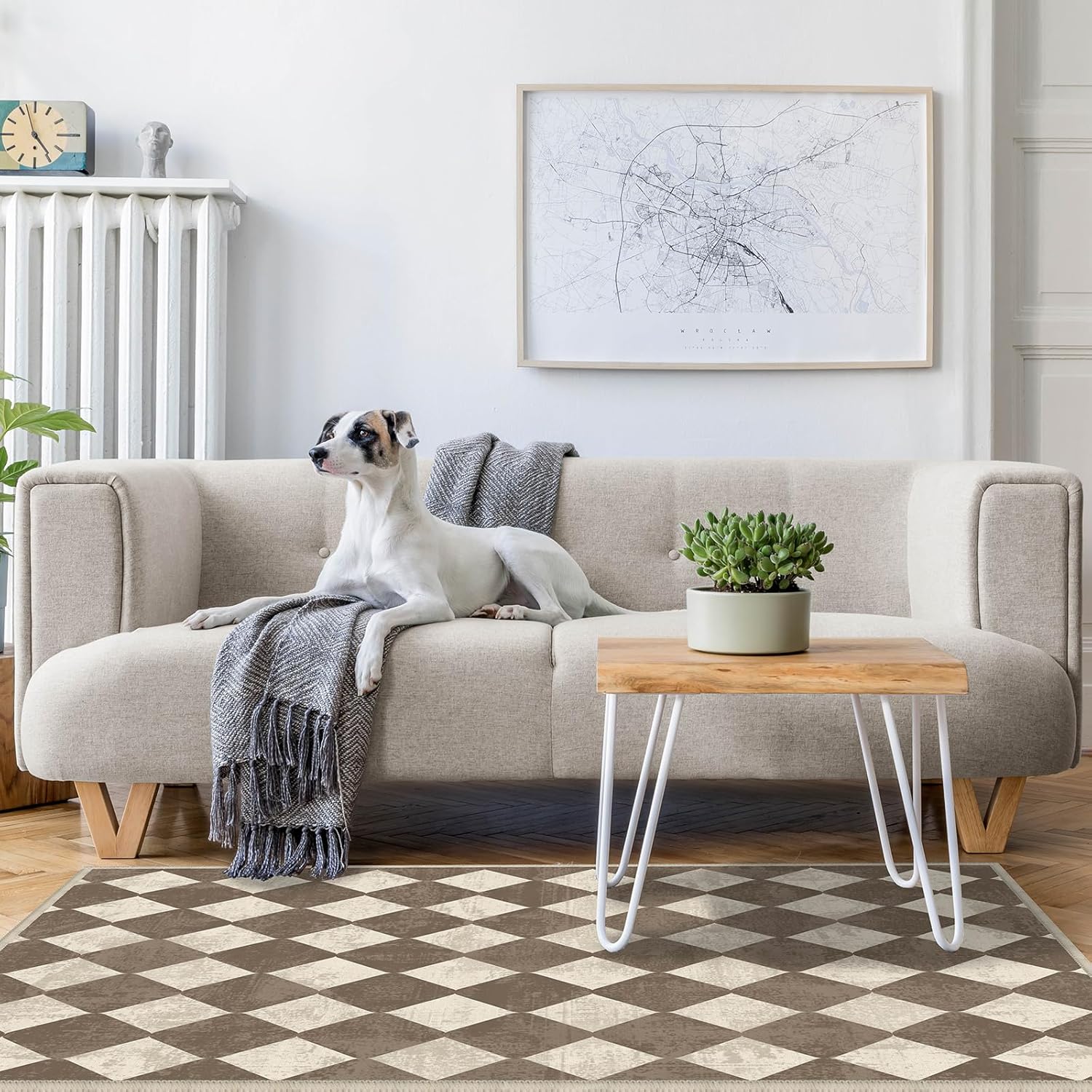Checkered Washable Geometry Brown Area Rugs 3x5 Modern Neutral Non Slip Low Pile Indoor Floor Small Carpet for Living Room Bedroom Dinning Room Kitchen