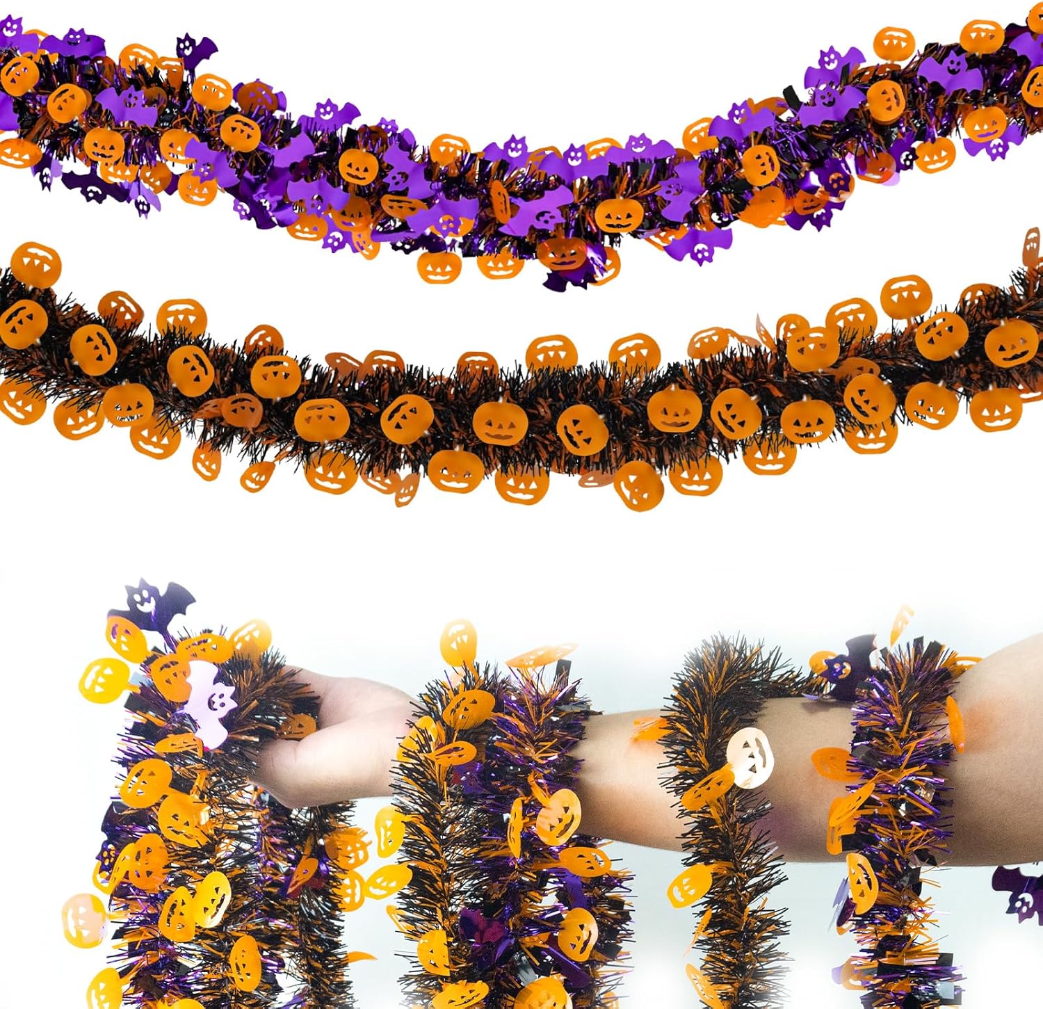 66 Ft Halloween Tinsel Garland 2 Pcs Halloween Metallic Garland with Orange Pumpkin Purple Bat Outdoor Halloween Shiny Garland for Home Mantle Holiday
