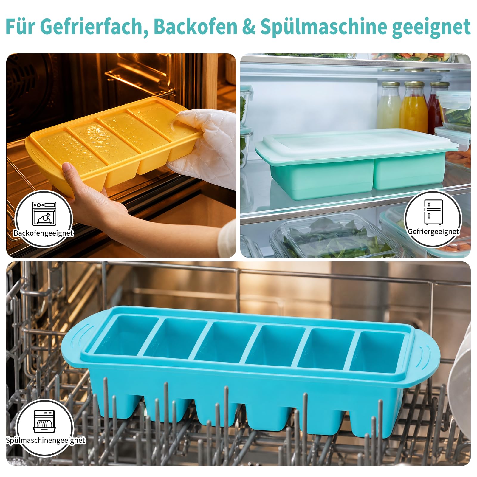 Juego de moldes de silicona con tapa, 3 unidades de 2/4/6 compartimentos con 10 pegatinas de colores, cuchara para sopa, salsas, caldo y preparación de alimentos, molde apilable para cubitos de hielo