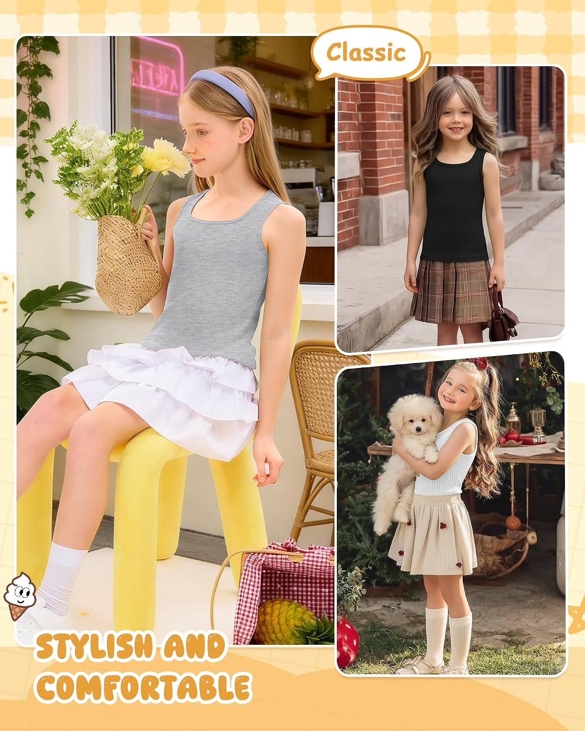 3 Pack Girls Tank Tops Slim Fit Ribbed Knit Camisole Square Neck Sleeveless Undershirts Summer Basic Tanks
