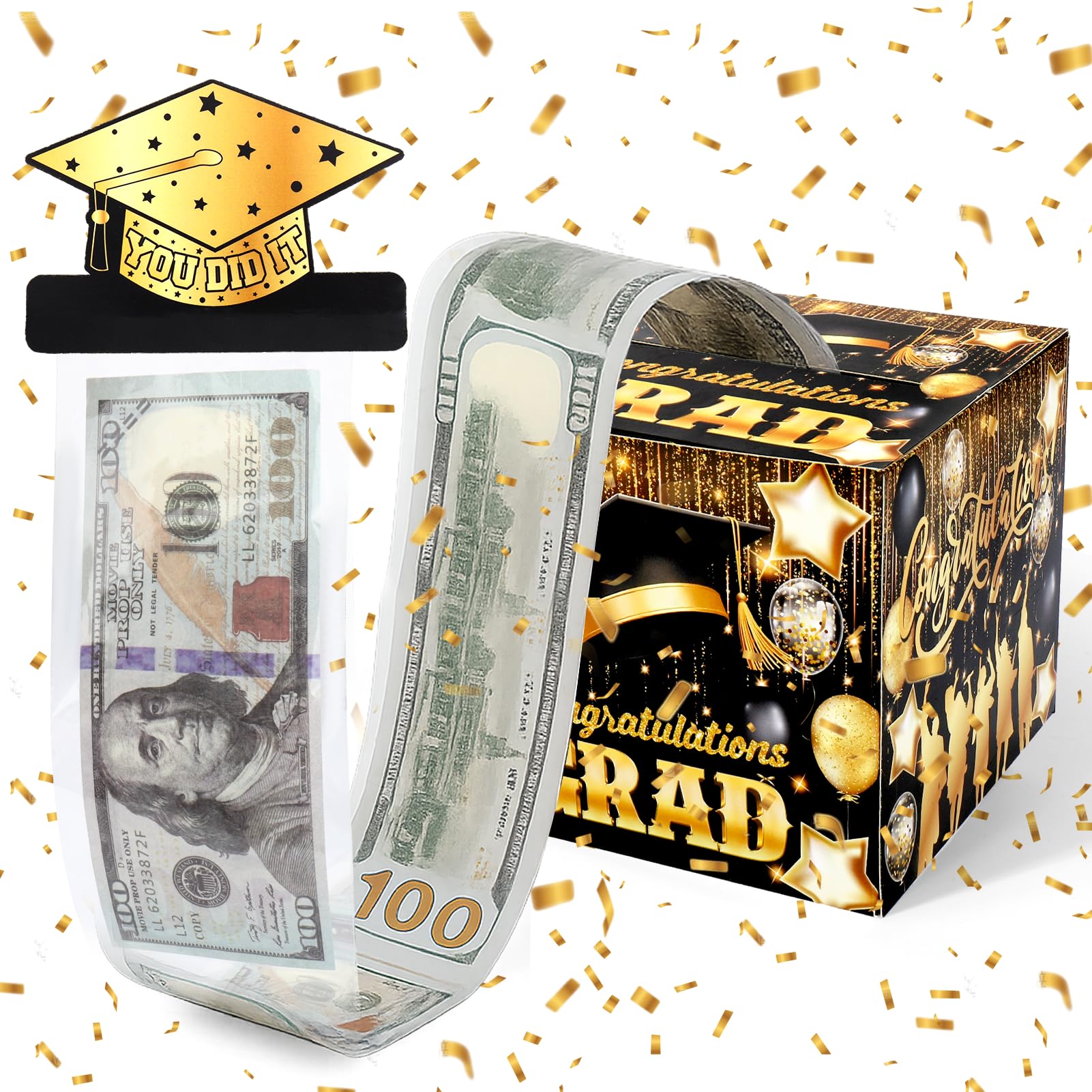 2025 Graduation Money Box for Cash Gift, Black and Gold Surprise Money Holder with Pull Out Card for Girls Boys High School College Funny Graduation