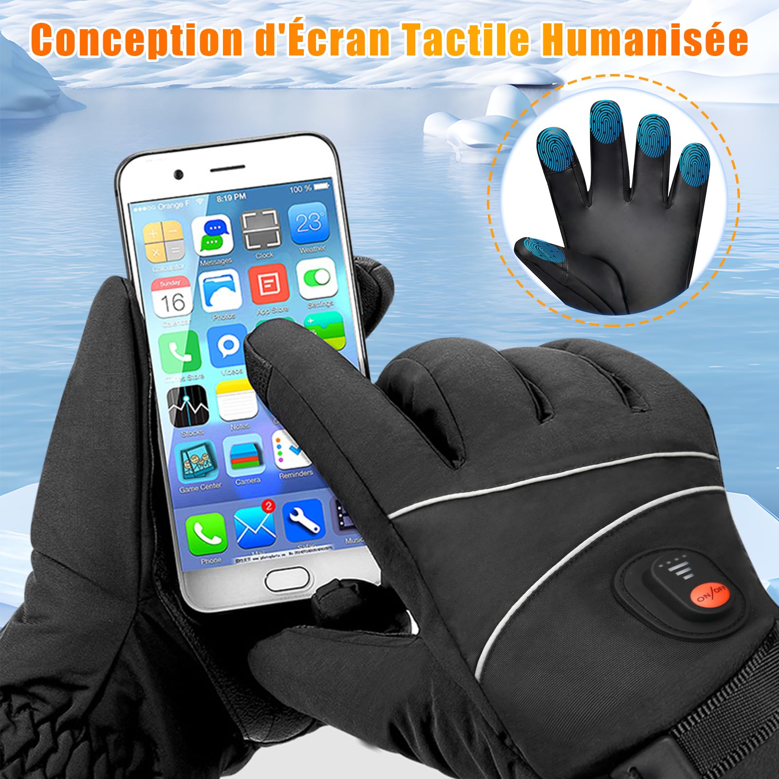 Gants Chauffants pour Femme et Homme avec Batterie 6000mAh Rechargeable, 3 Niveaux De Températures, Imperméables, Écran Tactile pour Moto, Vélo, Ski, Chasse