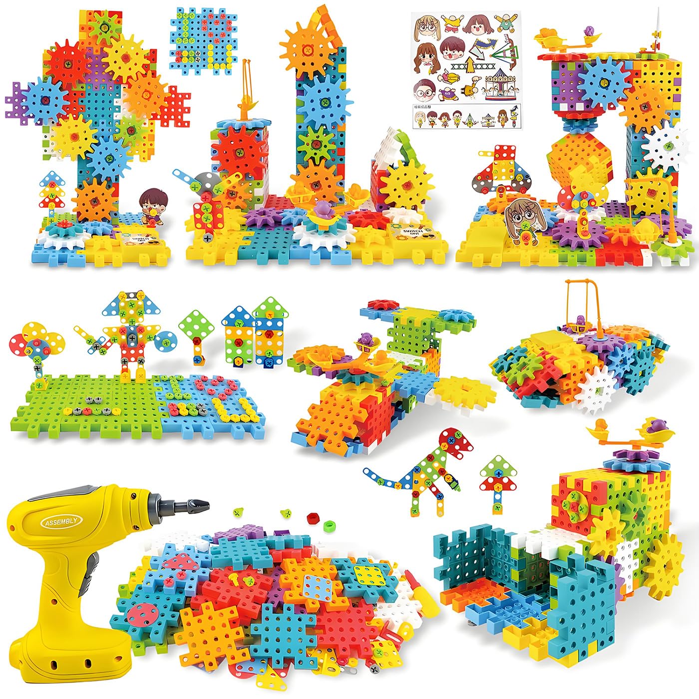 IIROMECI STEM Education Building Toys, 248 PCS Electric Gear Building Blocks Toys Set including Drill, Toddler Screw Toy